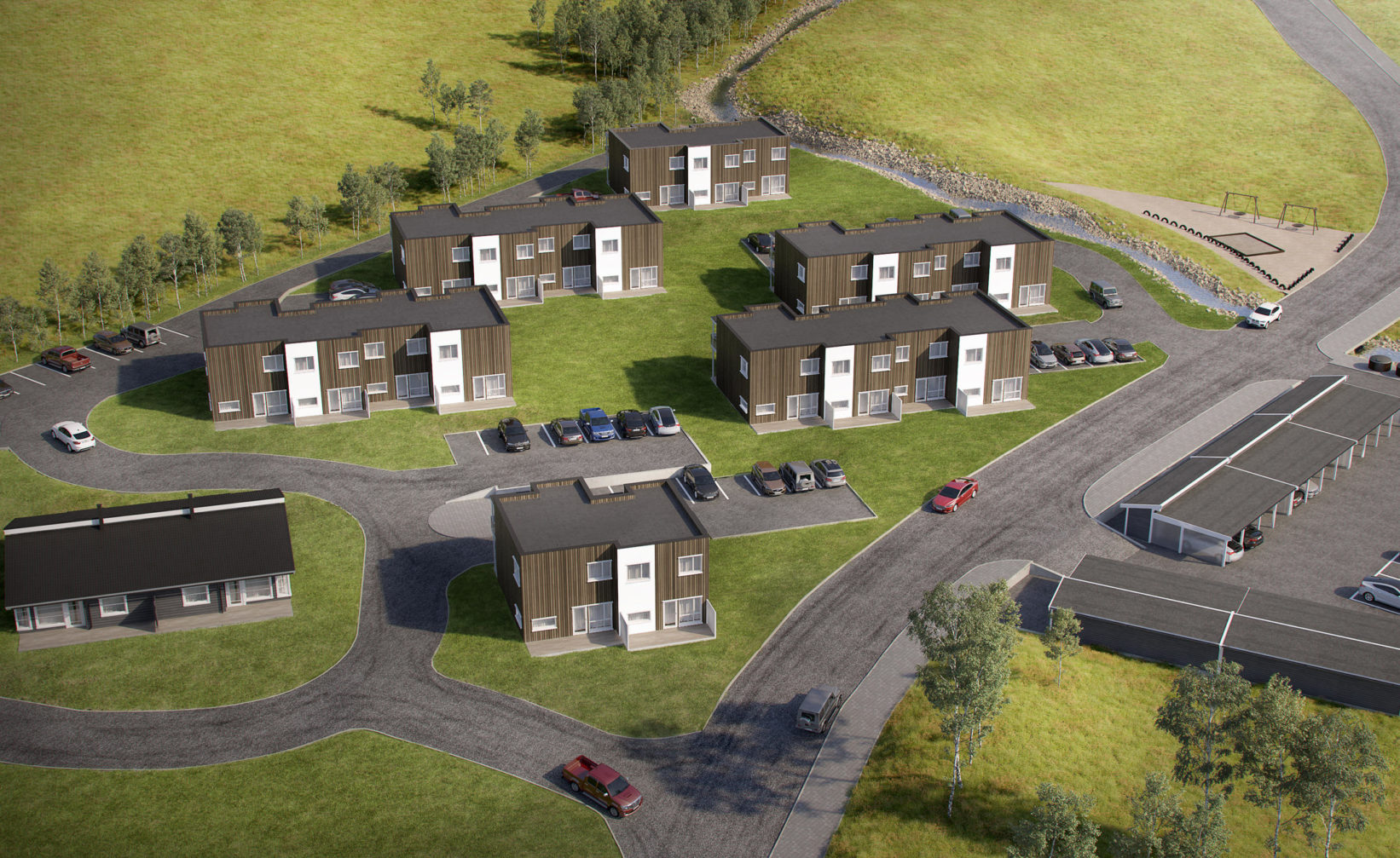 Et luftfoto av en boligutvikling visualisert for salg av EnterGruppen i 2017.