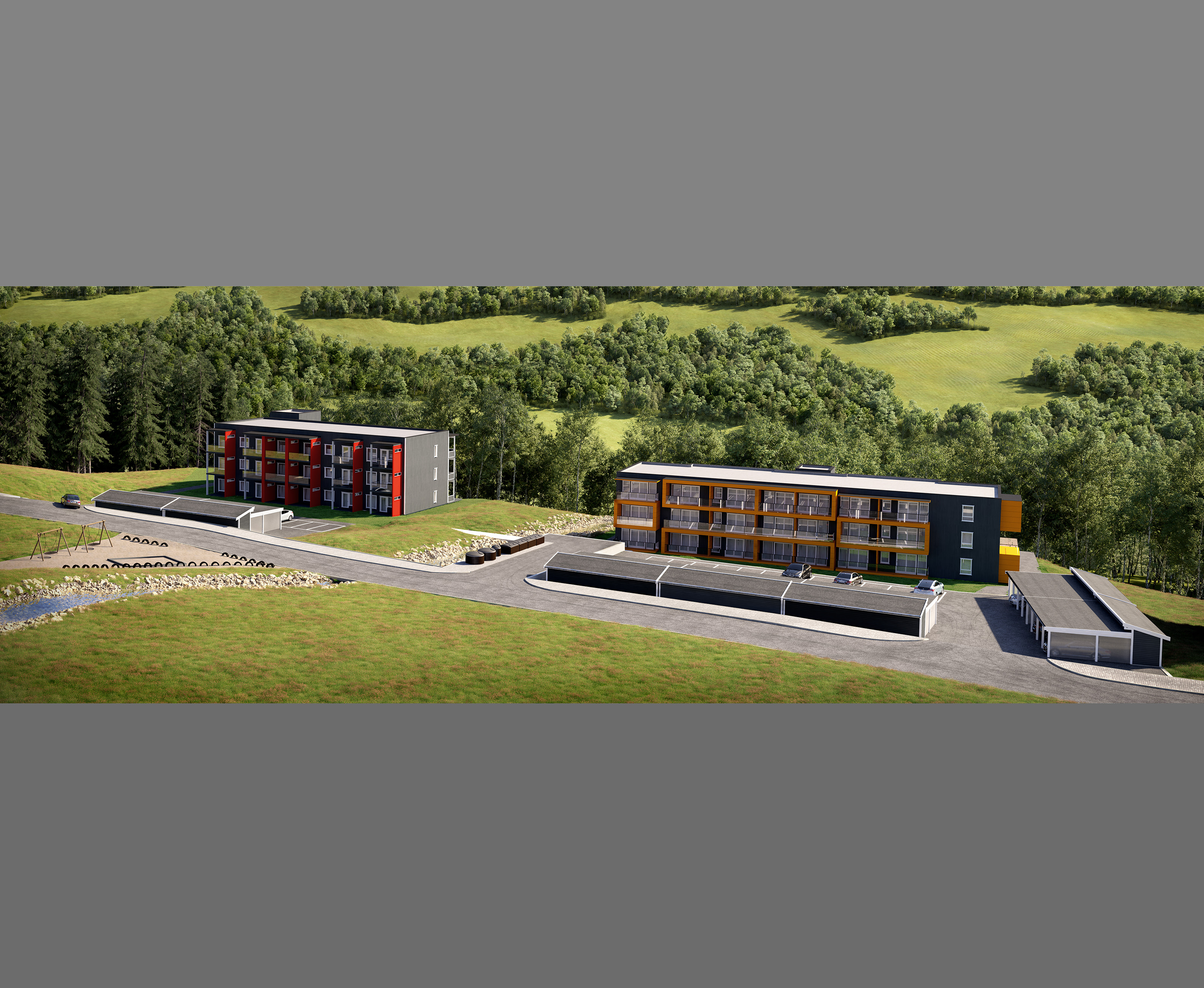 En 3D-gjengivelse av en bygård på landsbygda for Visualisering for salg (Visualisering til salgs) av Klient: EnterGruppen i år 2017.