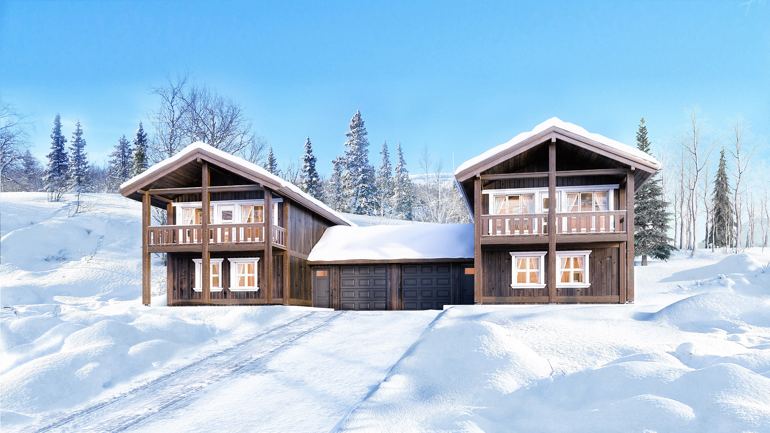 Et to-etasjers hus gjengitt i snøen for en kundes salgsvisualiseringer.