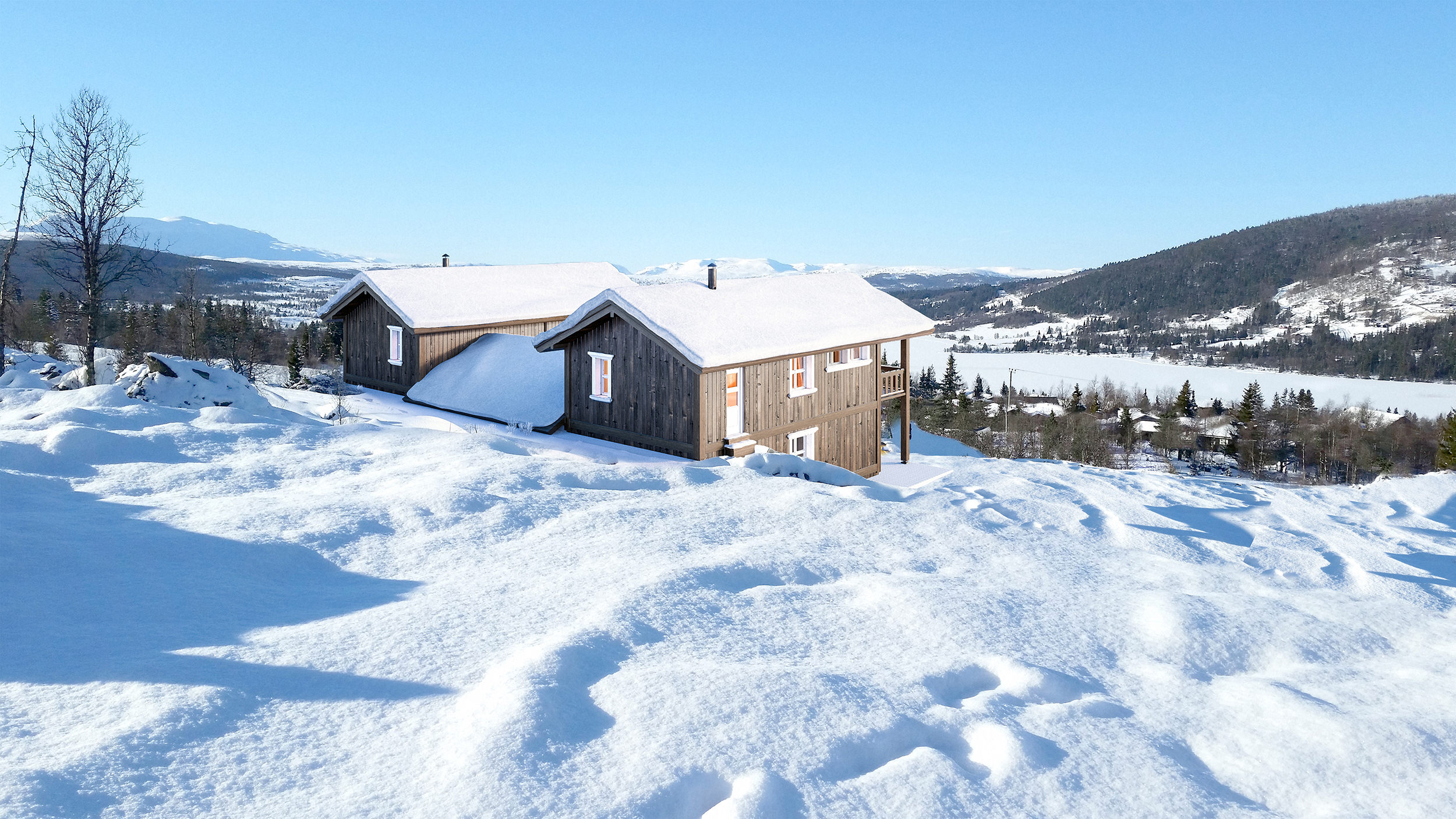 En trehytte beliggende på en snødekt bakke er visualisert for salg av Aktiv Valdres Eiendomskontor i 2017.