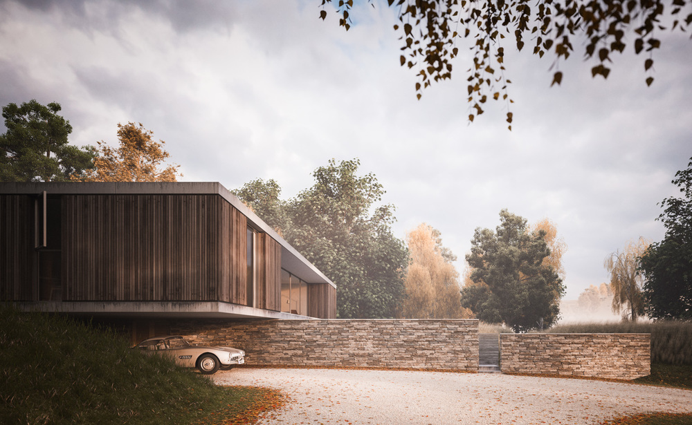 En visuelt fantastisk arkitektonisk visualisering av et hus med en bil parkert foran.