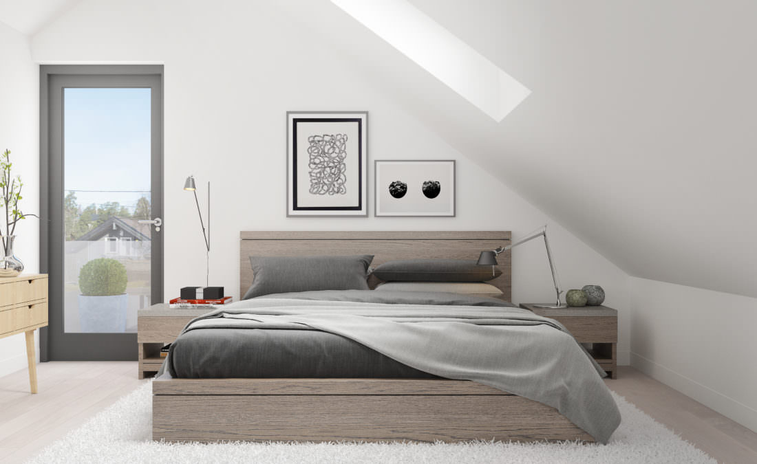 Et visualisert loftsrom 2017 med seng og kommode til salgs av Nordvik & Partners.