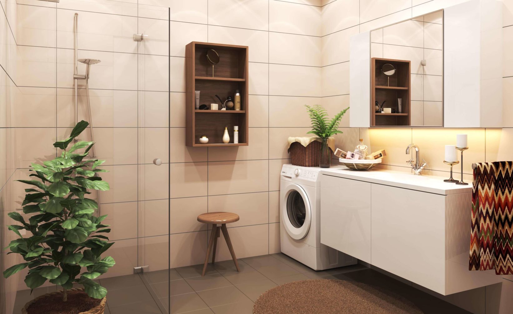 Et bad med vaskemaskin og tørketrommel, designet for visualiseringsformål i salgsprosessen av HAW Entreprenør AS i 2017.