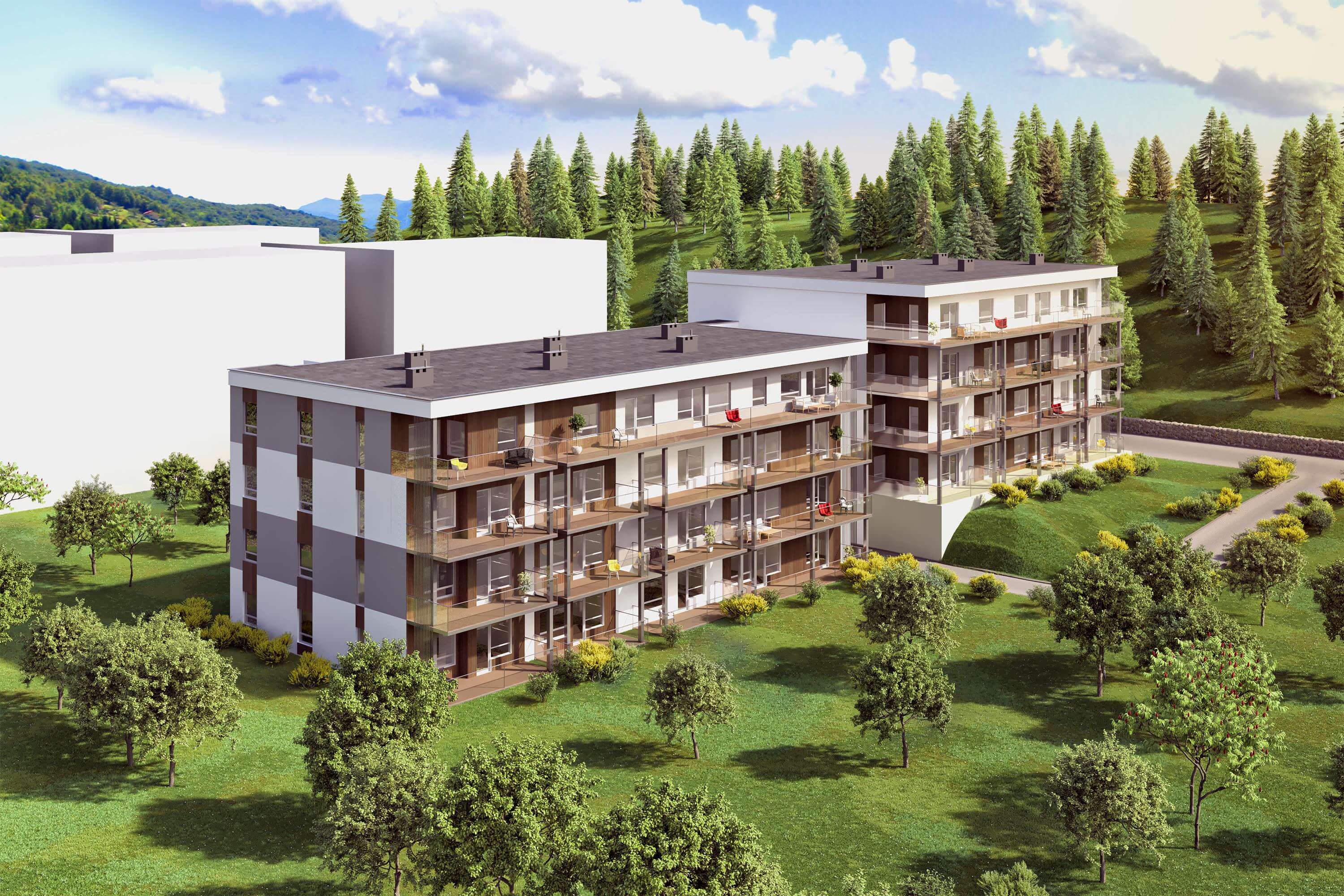 en visuell gjengivelse av en bygård i et skogsområde for salgsformål.