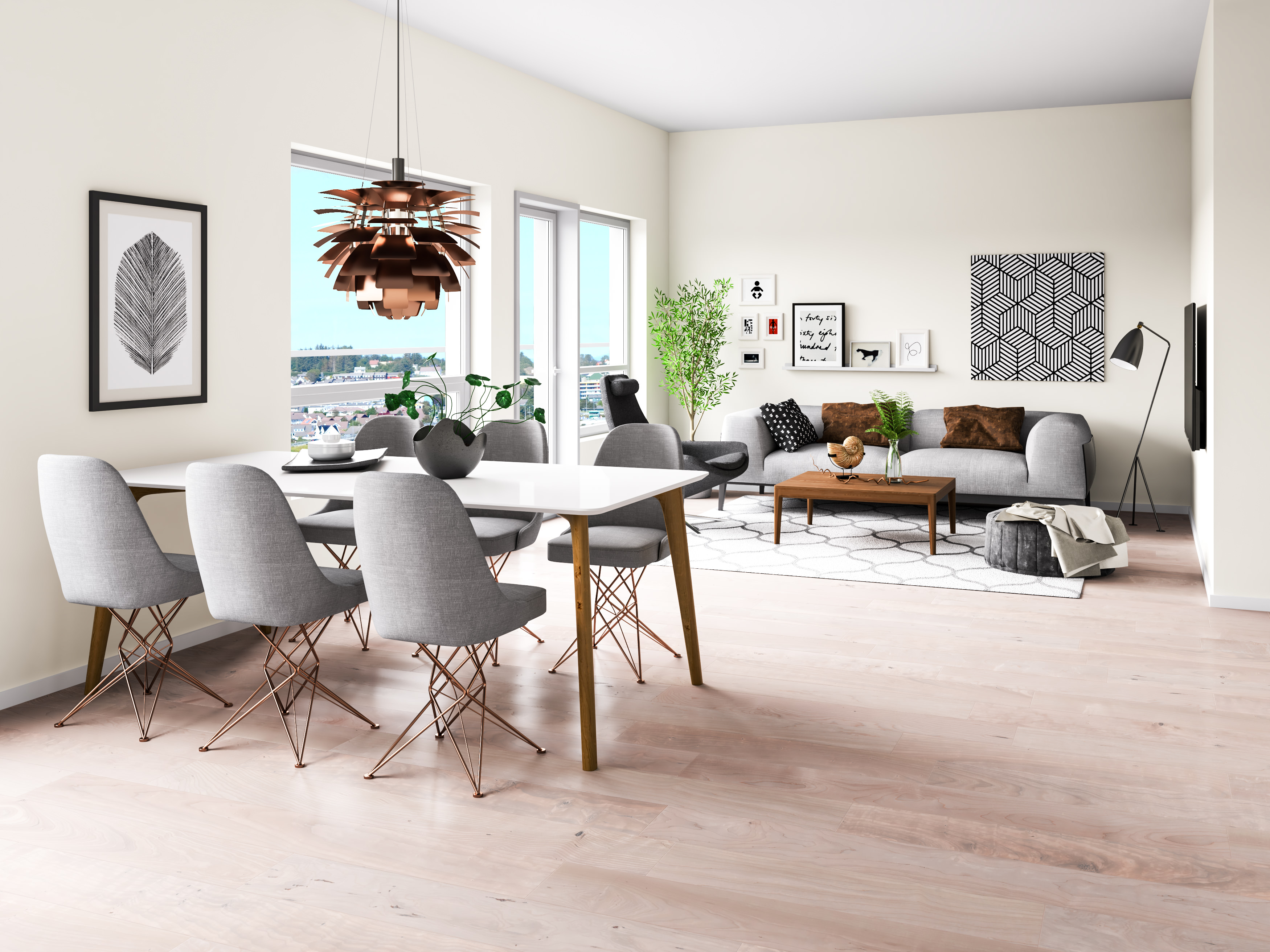Visualisering for salg av stue med bord og stoler for Klient: HAW Entreprenør AS i 2017.