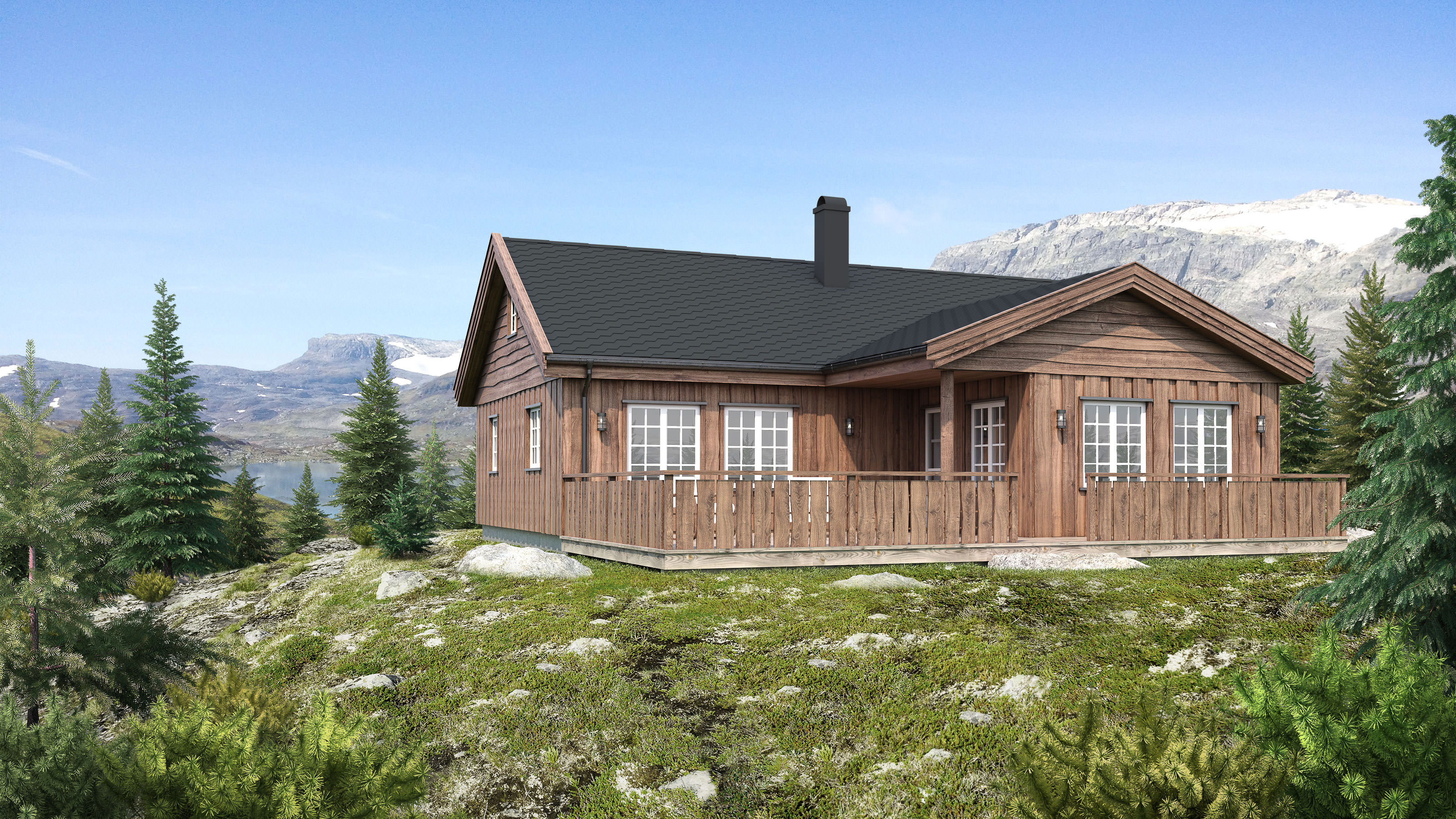 3d gjengivelse av en hytte på toppen av et fjell for visualisering (visualisering) for salg (salg).