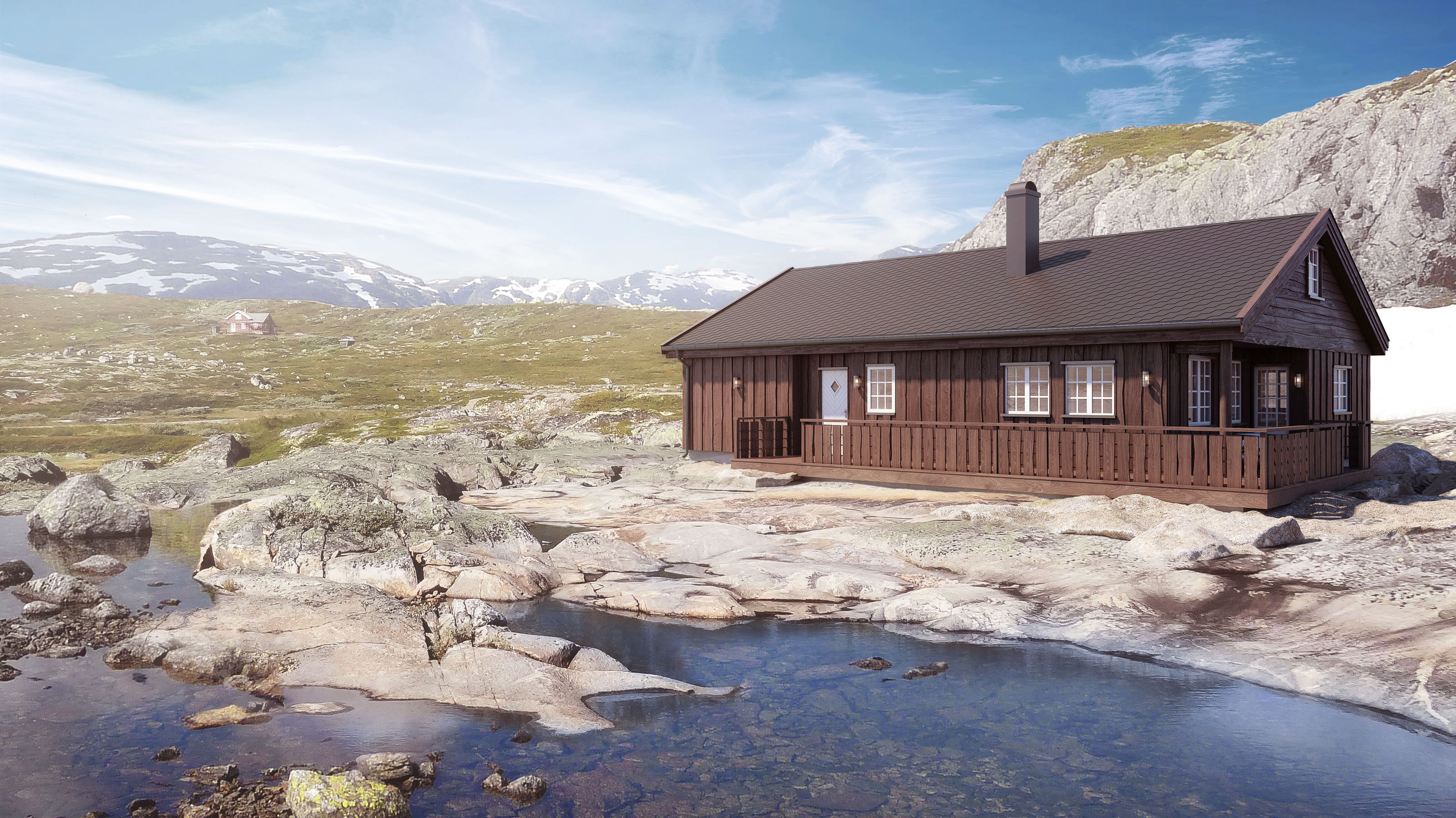 En hytte i fjellsiden nær en pittoresk innsjø, visualisert for salg i 2017 etter forespørsel fra FH Gruppen.