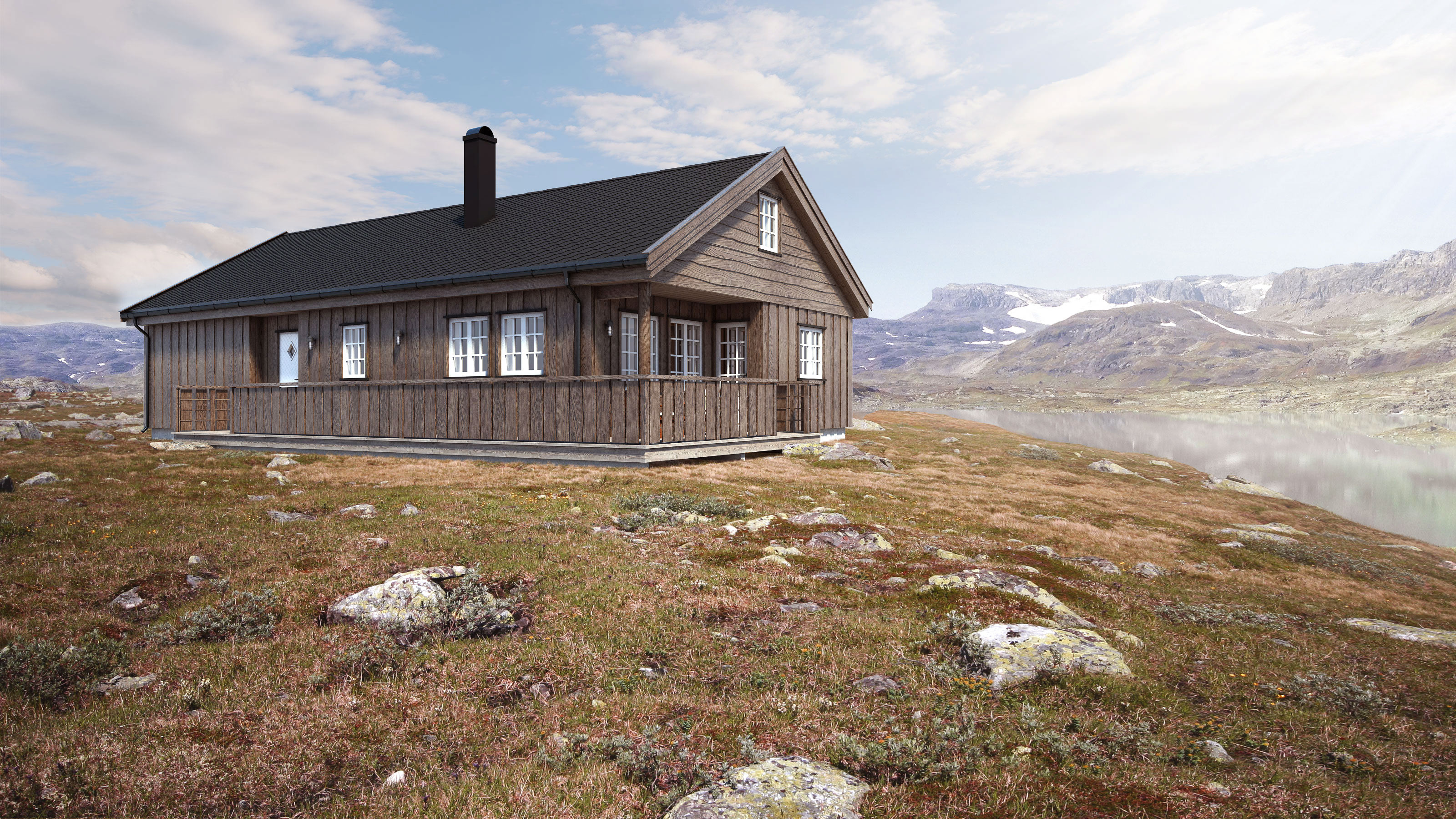 En liten hytte på toppen av et fjell visualisert for salgsformål av FH Gruppen i 2017.
