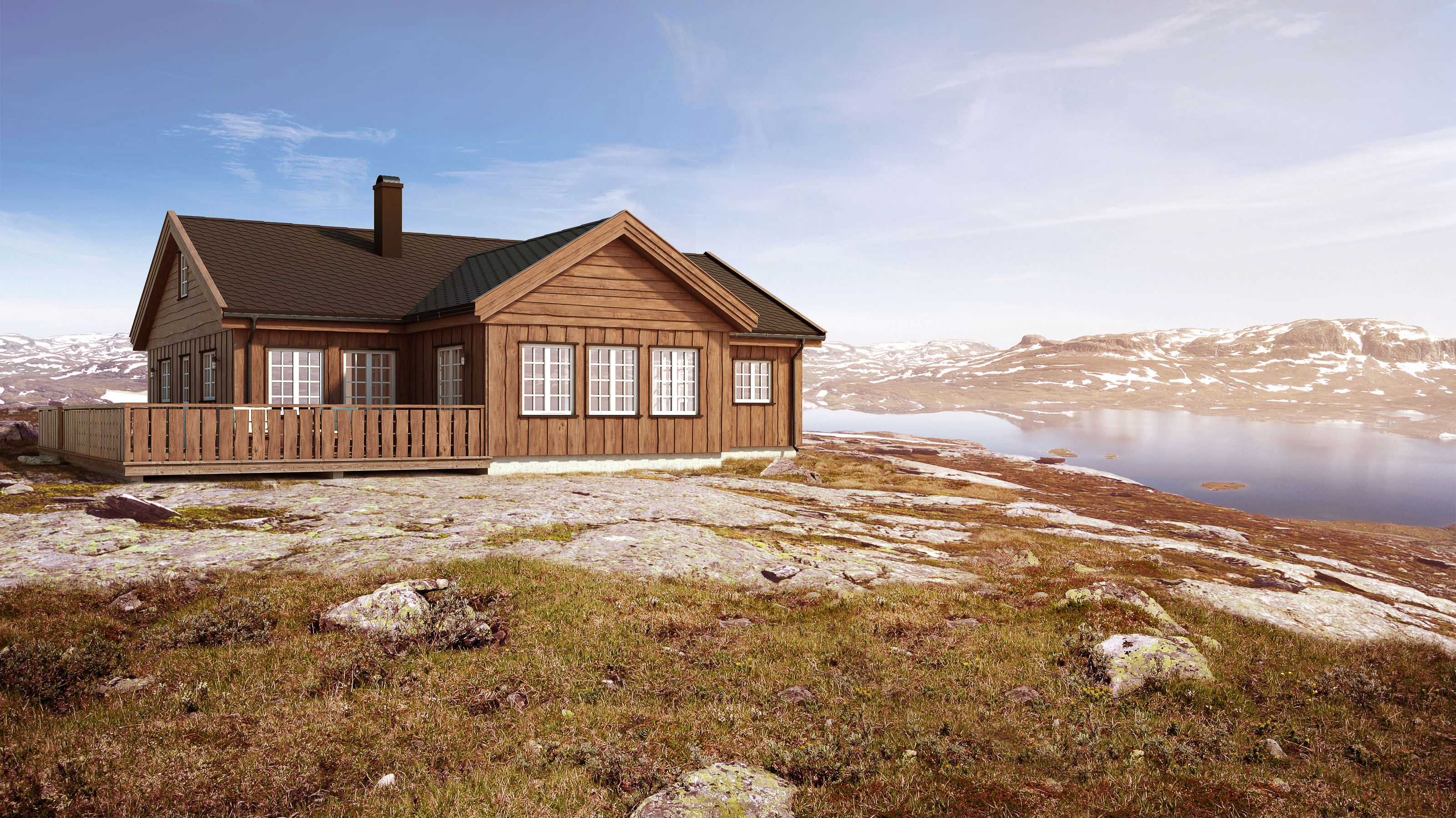 En liten hytte på toppen av en ås visualisert for salg.