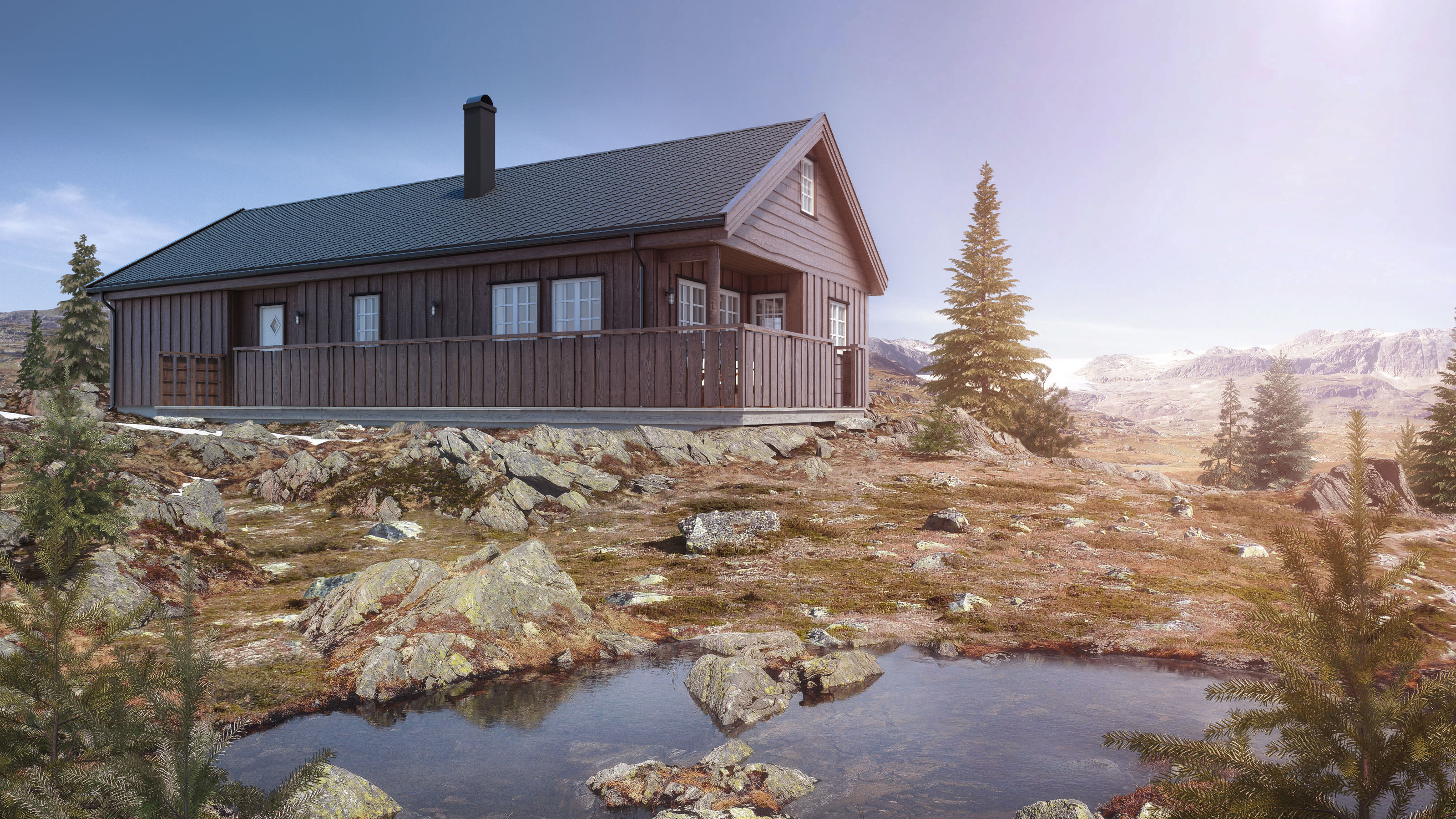 en liten hytte visualisert for salg på toppen av et fjell i 2017.