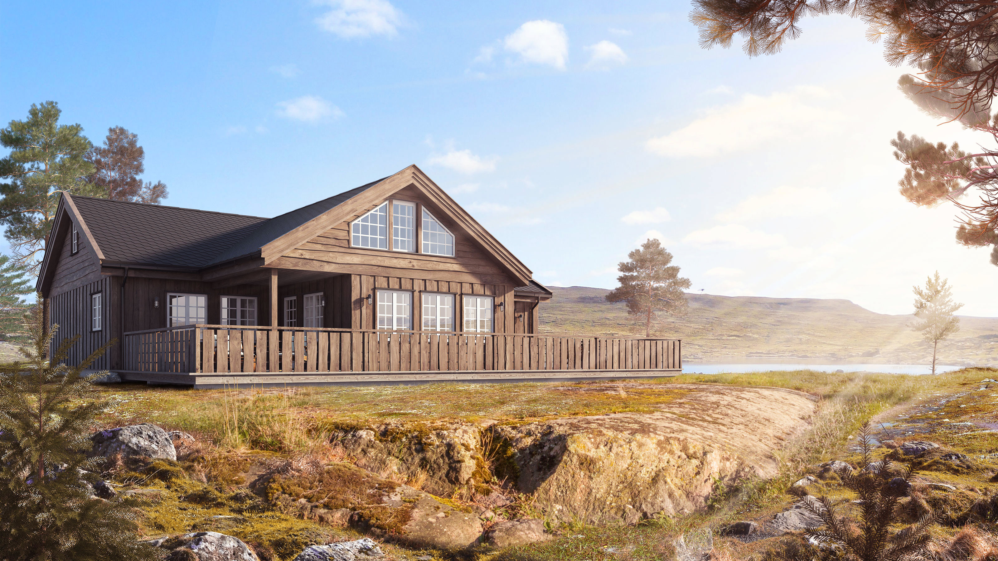 En 3D-gjengivelse av en tømmerhytte i en åsside laget for FH Gruppen i 2017 som en visualisering for salgsformål.