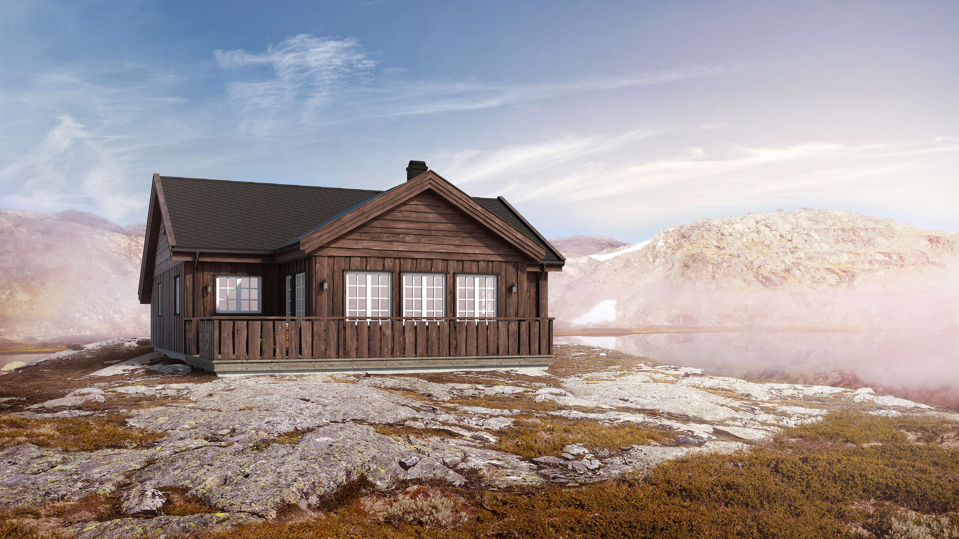En trehytte på en stein med en innsjø i bakgrunnen, visualisert for salg i 2017.