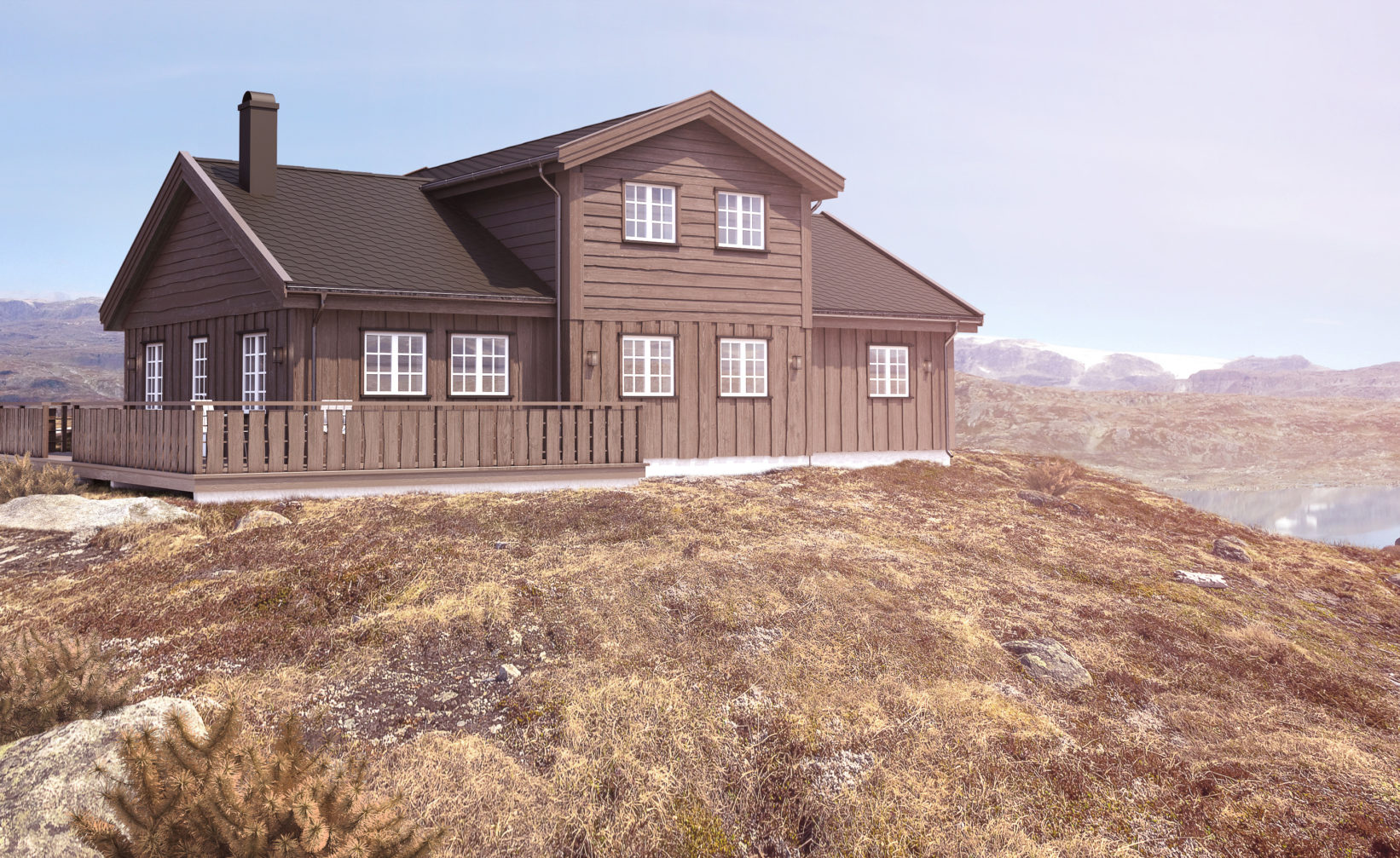 Visualisering av et hus på toppen av en ås til salgs i 2017.