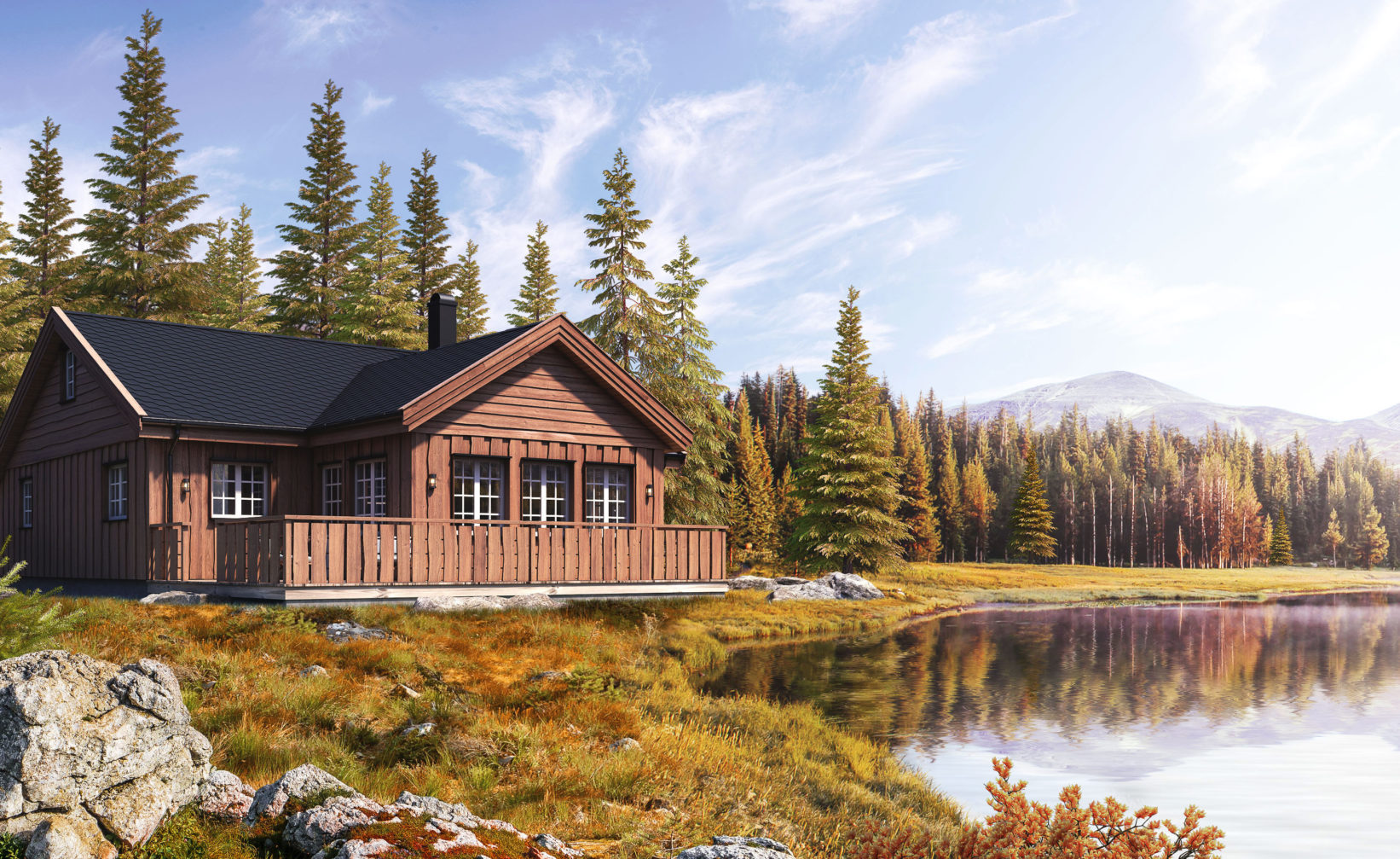 En hytte ved innsjøen visualisert for salg i 2017.