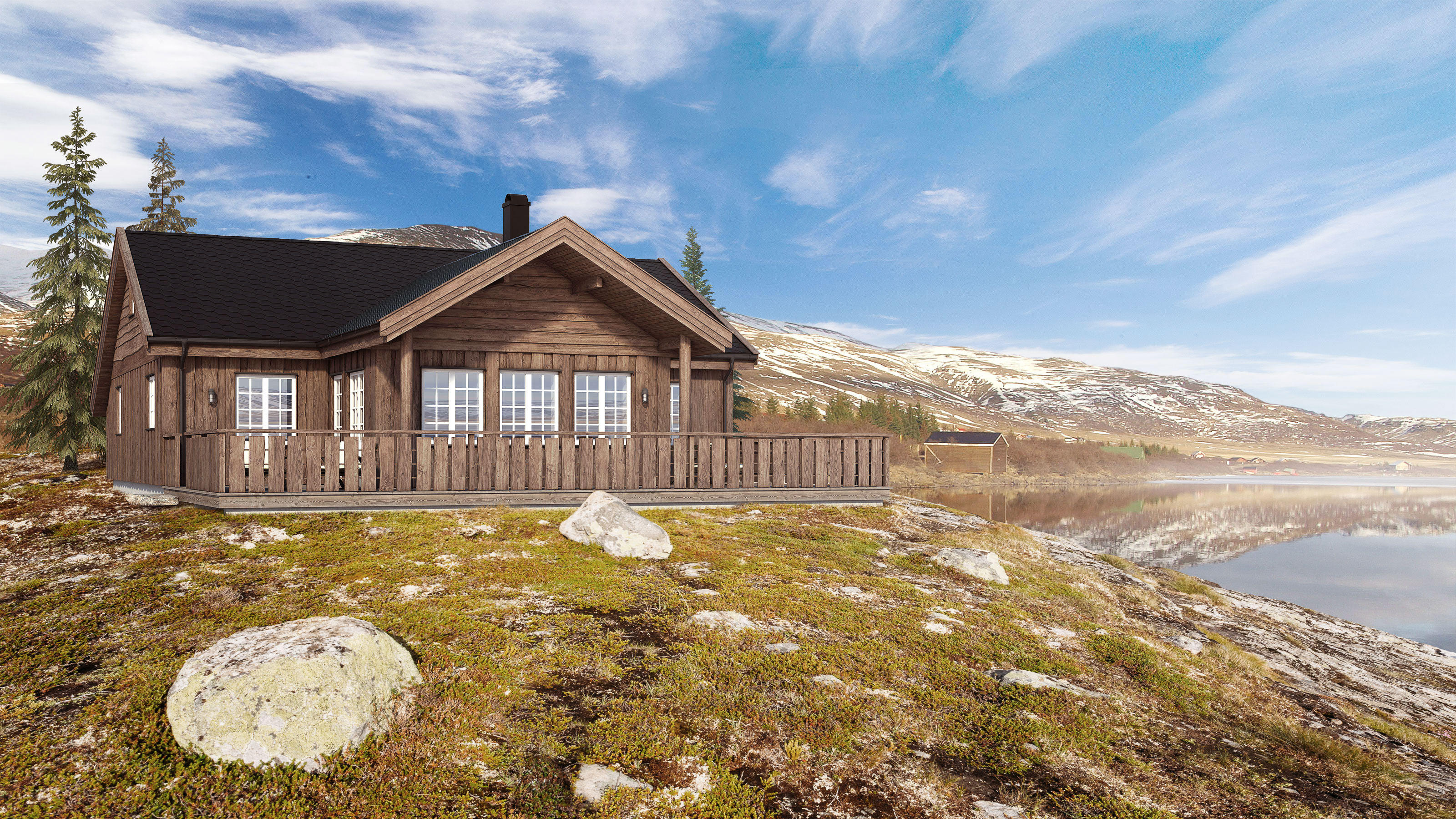 En visualisering av en liten hytte på en høyde til salgs i 2017 for FH Gruppen.