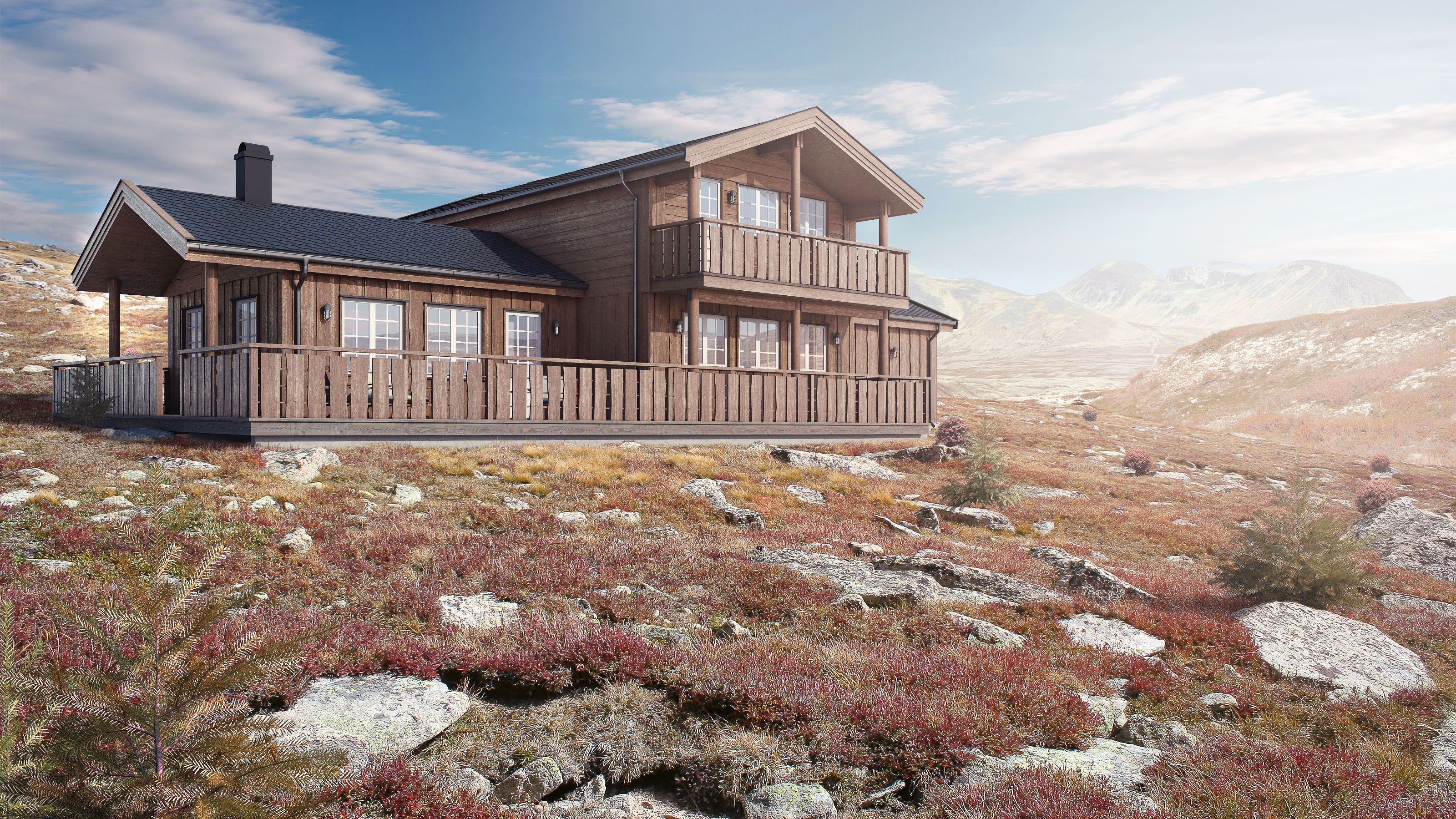 En trehytte på toppen av et steinete fjell, visualisert for salgsformål.