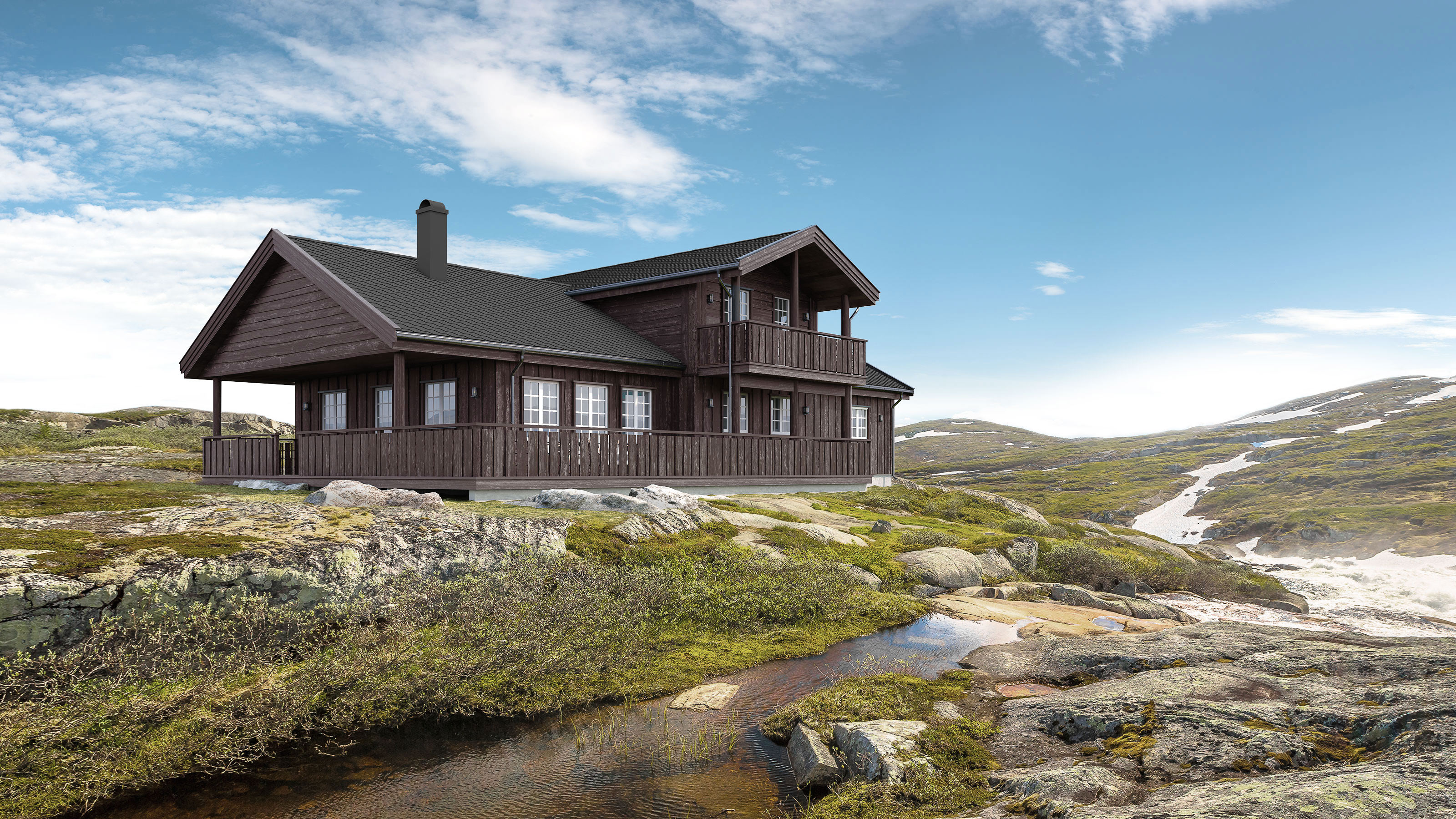 Et hus i åssiden visualisert for salg i 2017.
