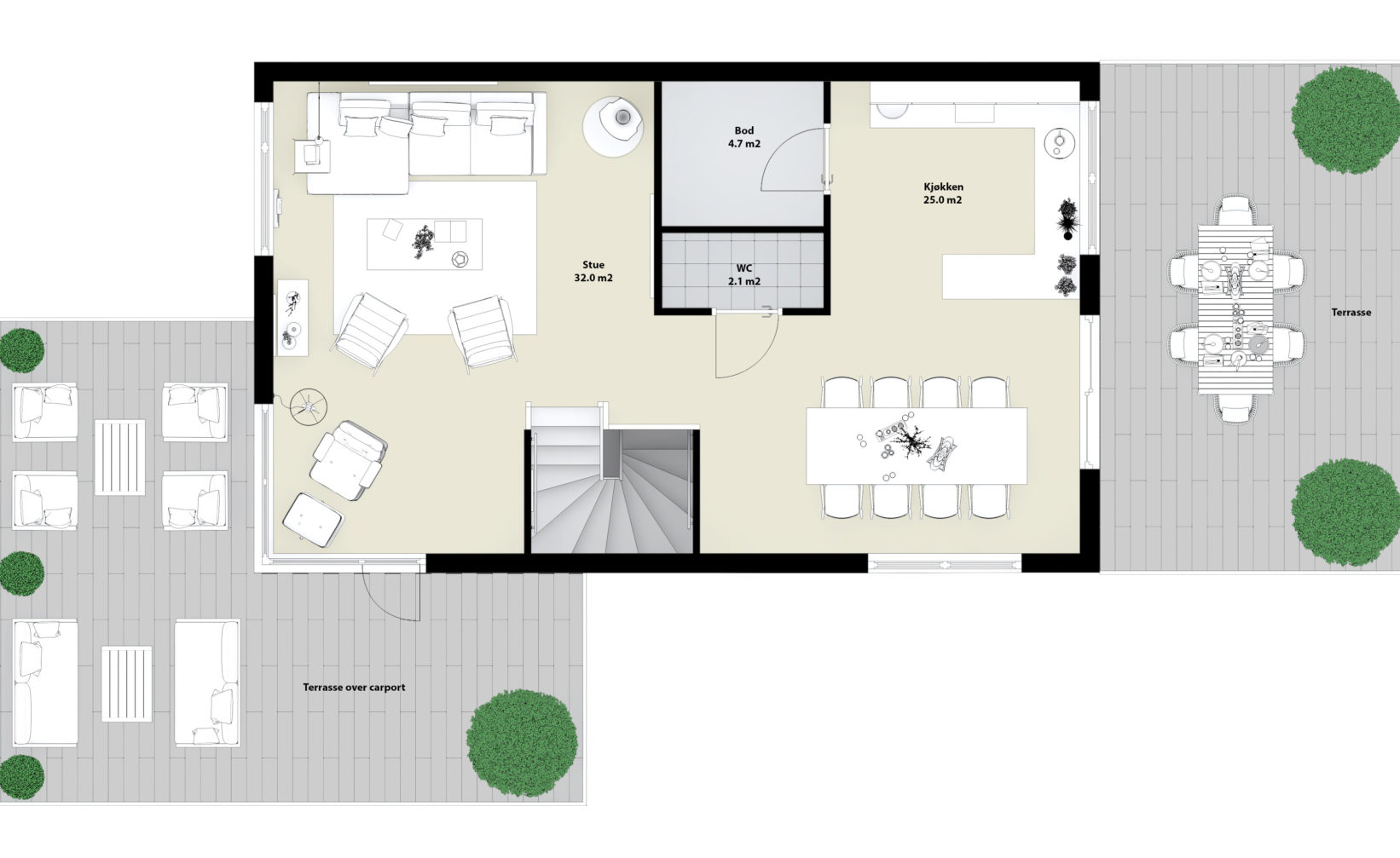 En visualisering av en planløsning for to-roms leilighet for DNB Eiendom / Papayas salgsformål i 2017.