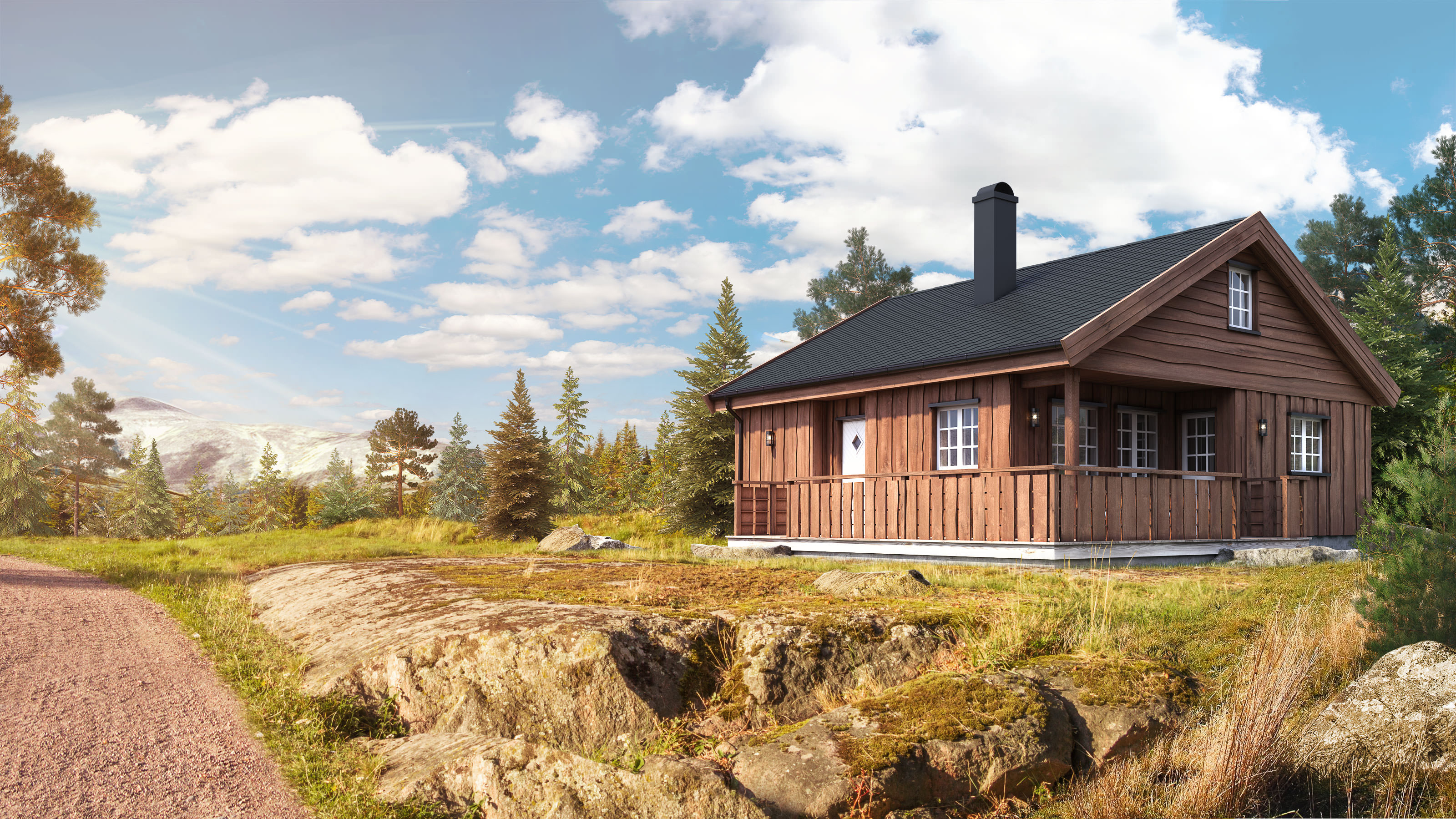 En liten hytte i skogen visualisert for salg i 2017 av FH Gruppen.