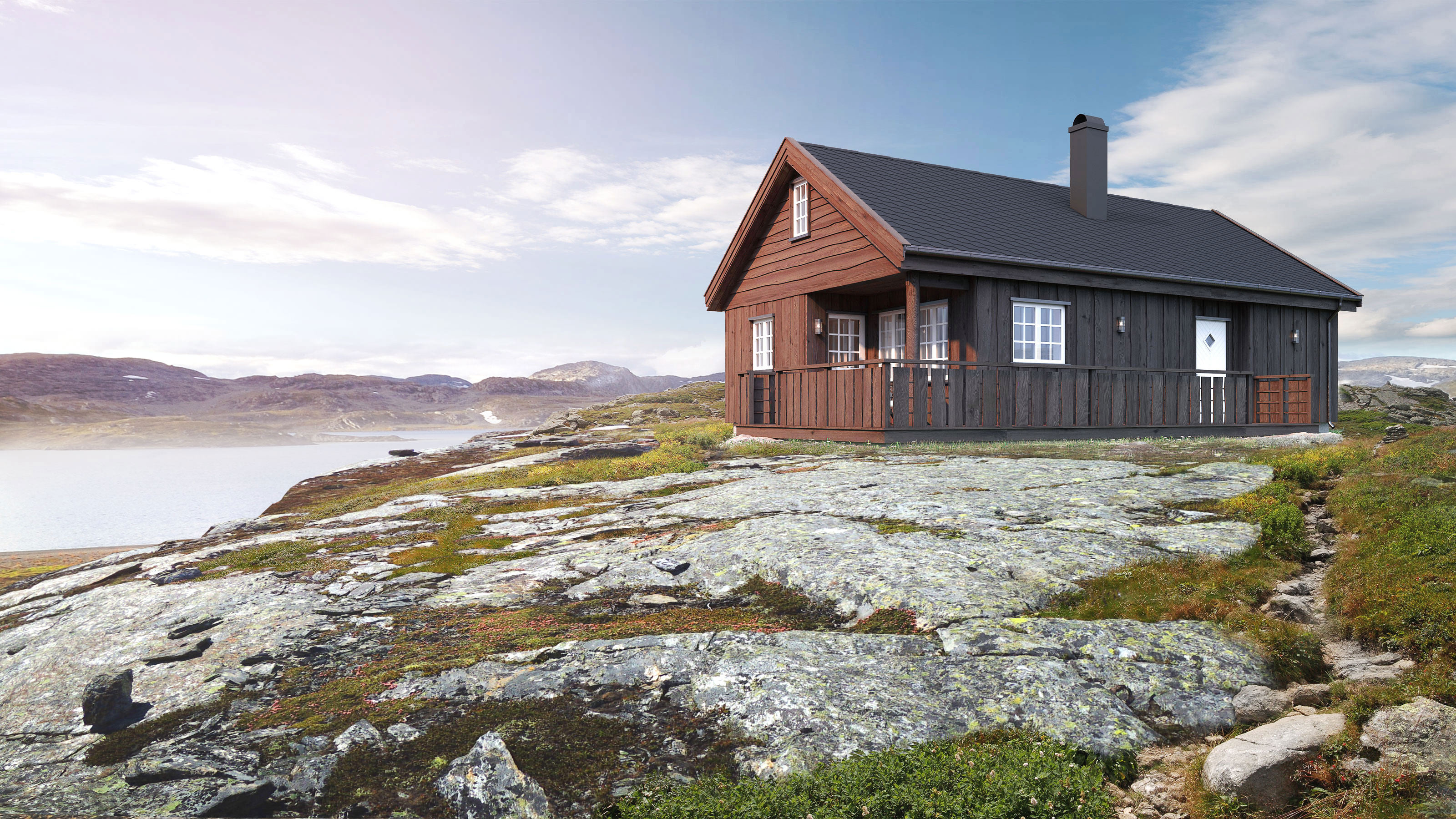 Visualisert lite hus på steinete bakke til salgs i 2017.