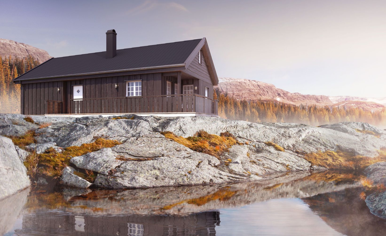 En liten hytte på toppen av en stein midt i en innsjø, grafikk laget for salg.
