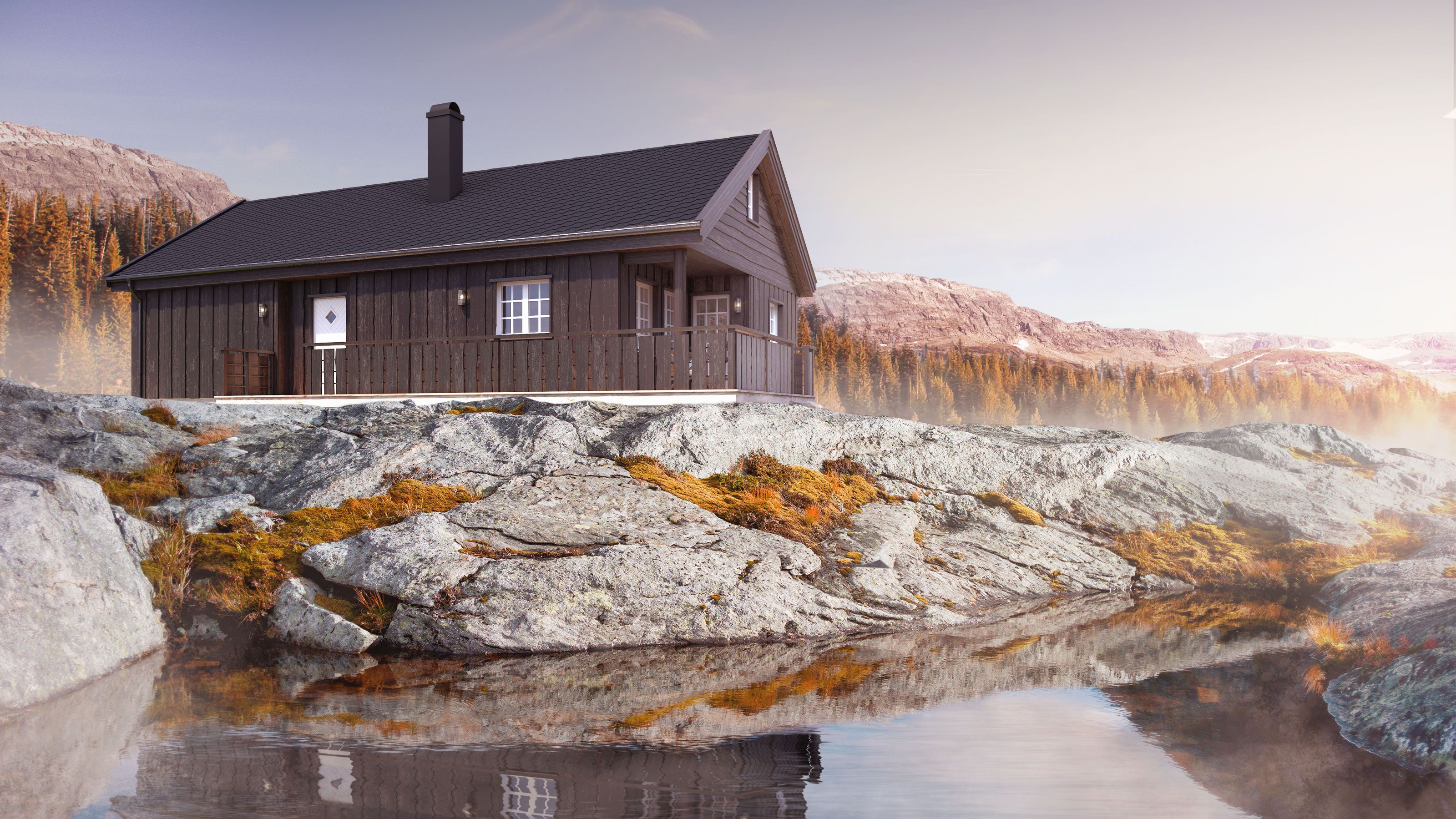 En liten hytte på toppen av en stein midt i en innsjø, grafikk laget for salg.