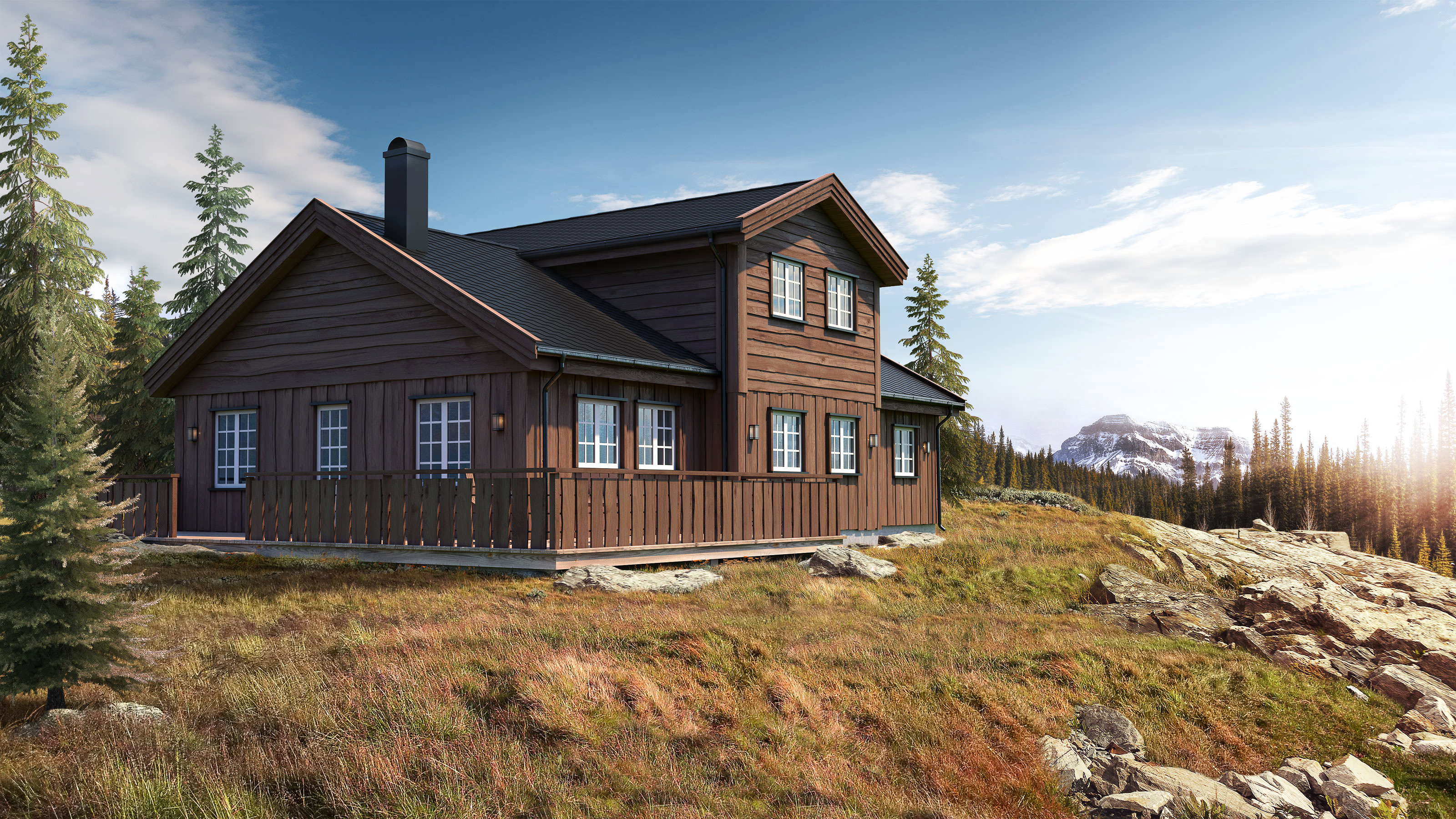 En koselig hytte på en naturskjønn bakketopp for å visualisere salgsformål i 2017.