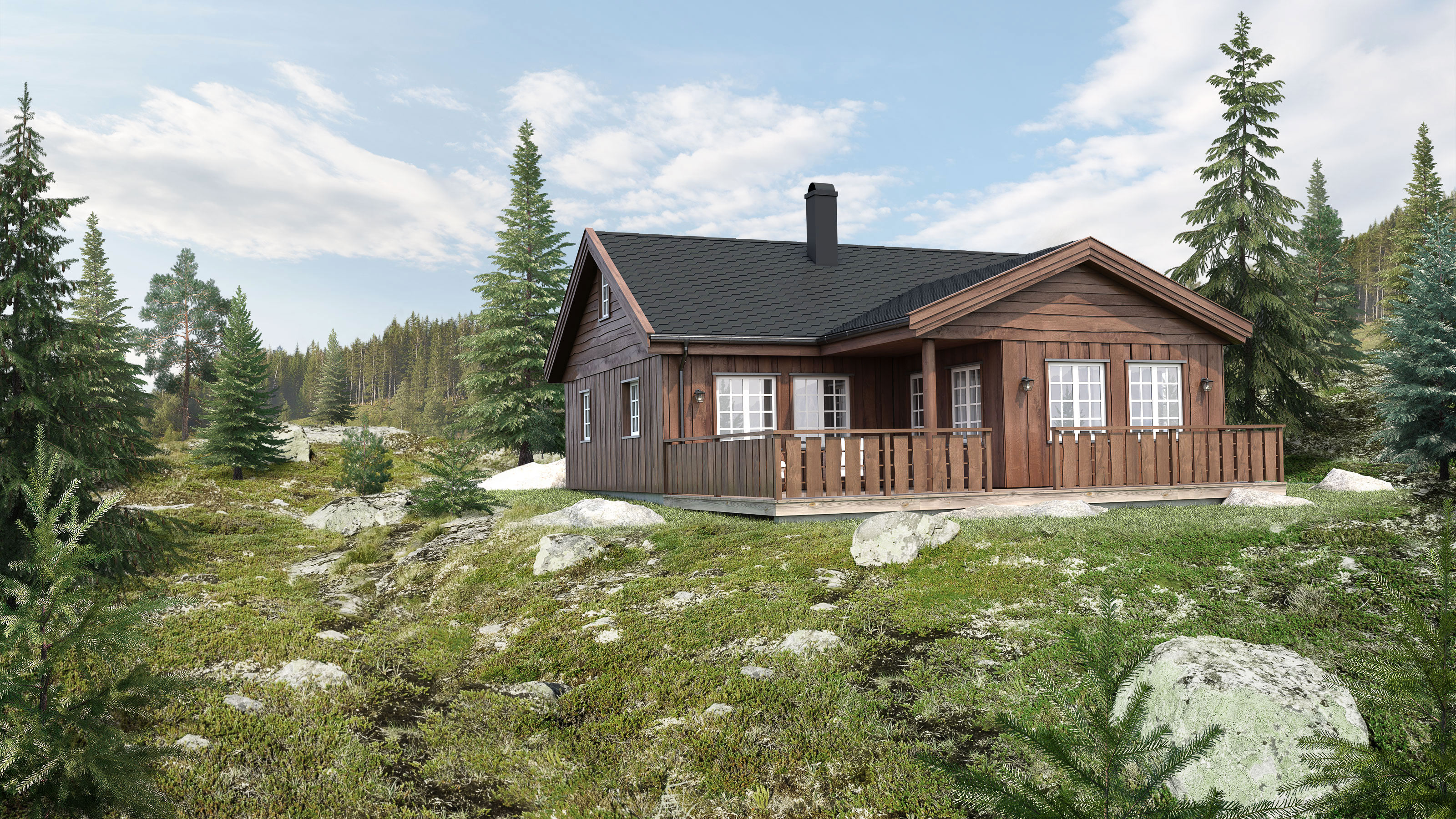 Et bilde av en hytte i skogen laget i 2017 for å visualisere salg for FH Gruppen.