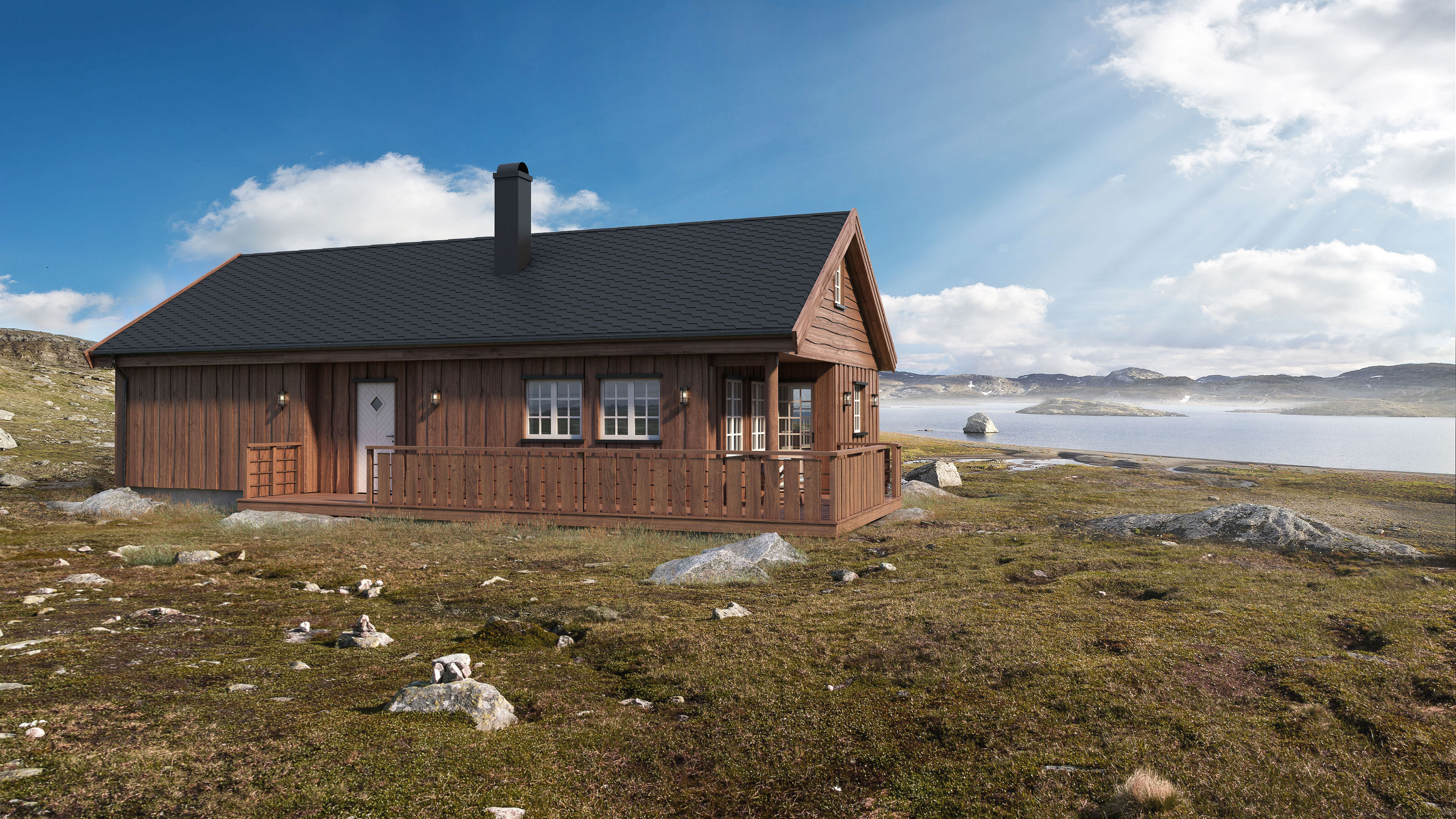 En visuelt tiltalende liten hytte i en åsside til salgs.