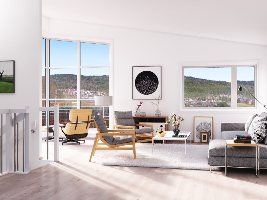 En visuell representasjon av en stue med en sofa og en stol laget med det formål å selge en eiendom av Klient: DNB Eiendom.