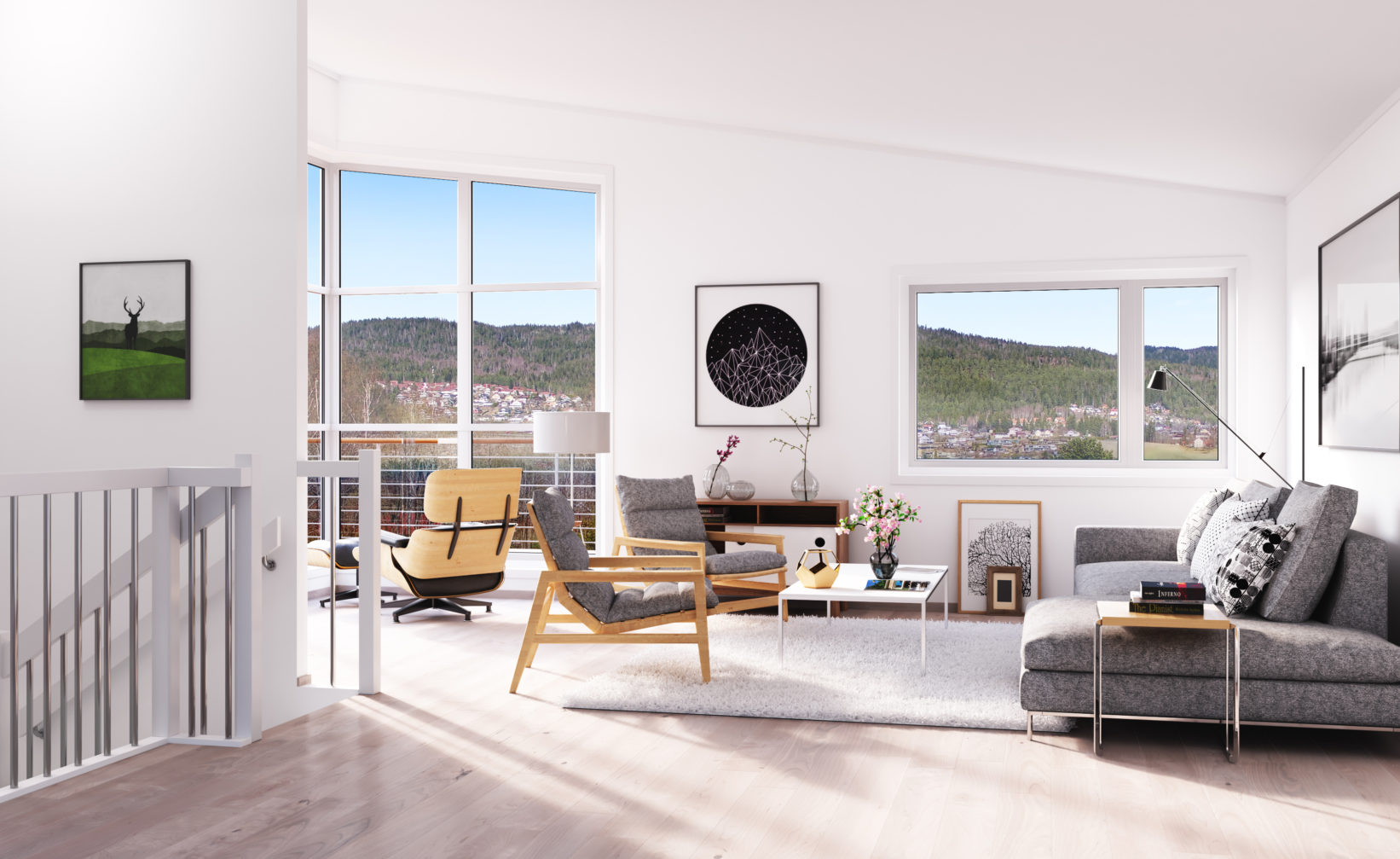 En visuell representasjon av en stue med en sofa og en stol laget med det formål å selge en eiendom av Klient: DNB Eiendom.