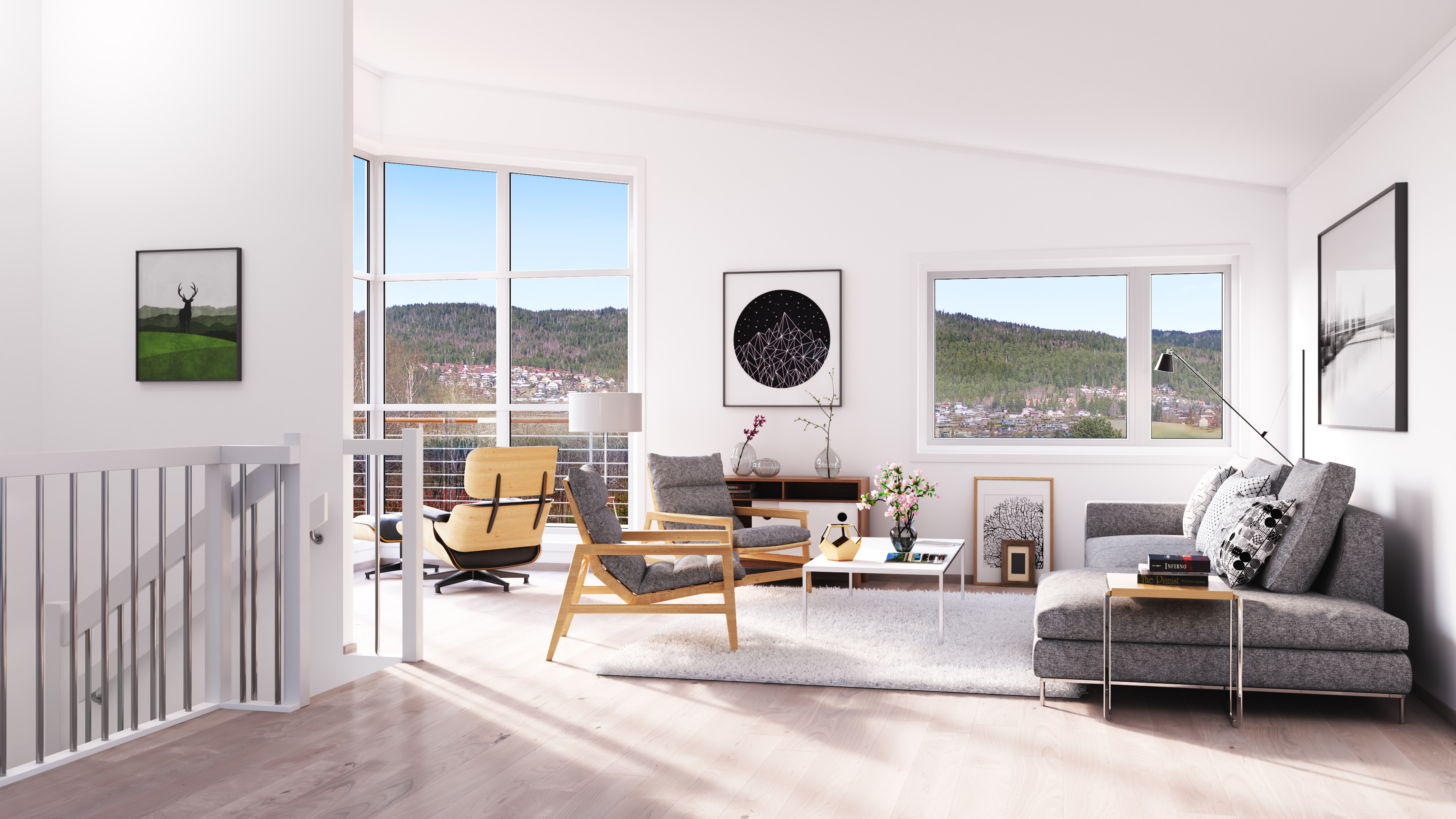 En visuell representasjon av en stue med en sofa og en stol laget med det formål å selge en eiendom av Klient: DNB Eiendom.