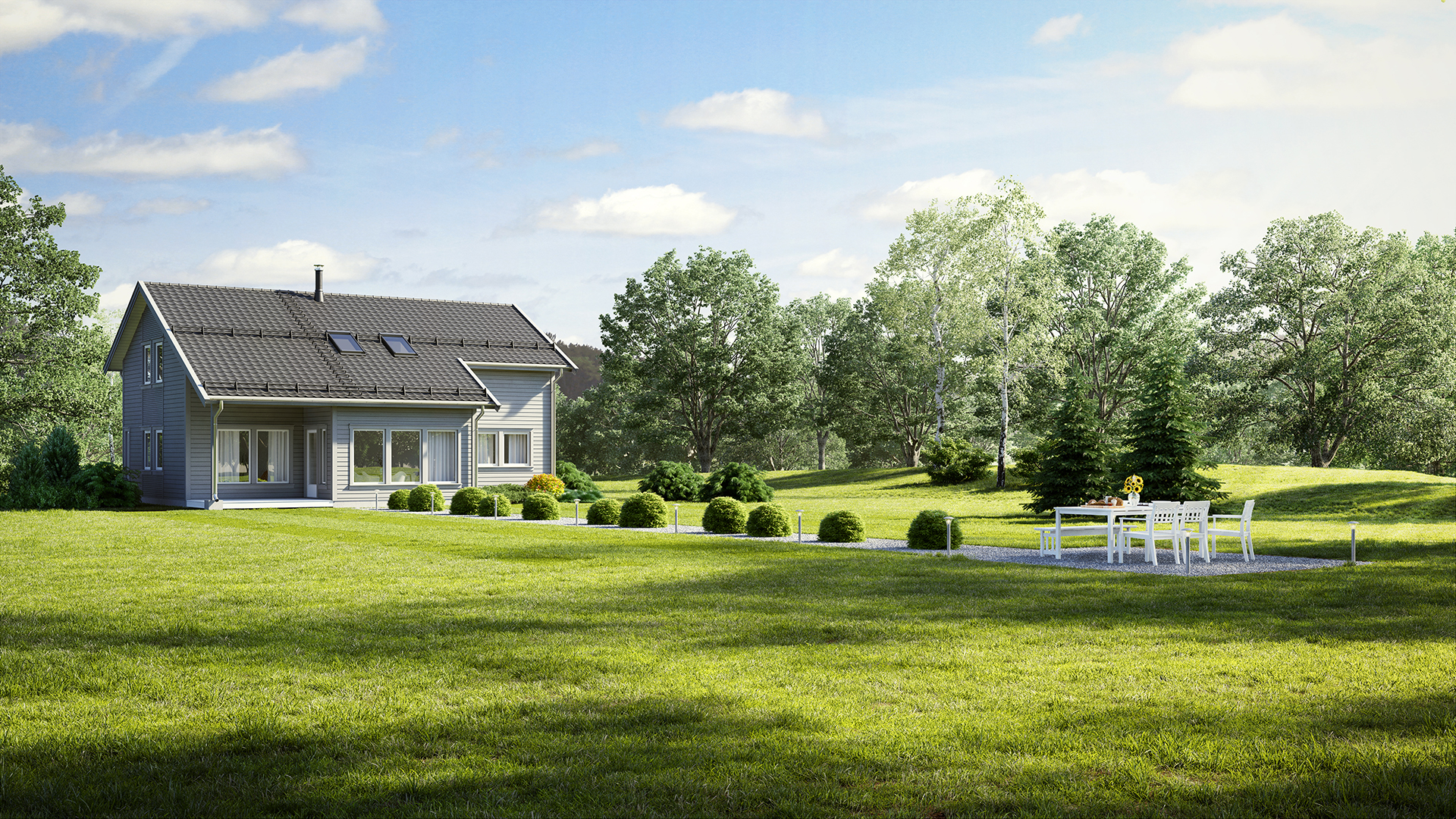 Et hus med 3D-bildevisning på en grønn plen, som viser frem dets moderne design og konkurransedyktige priser.