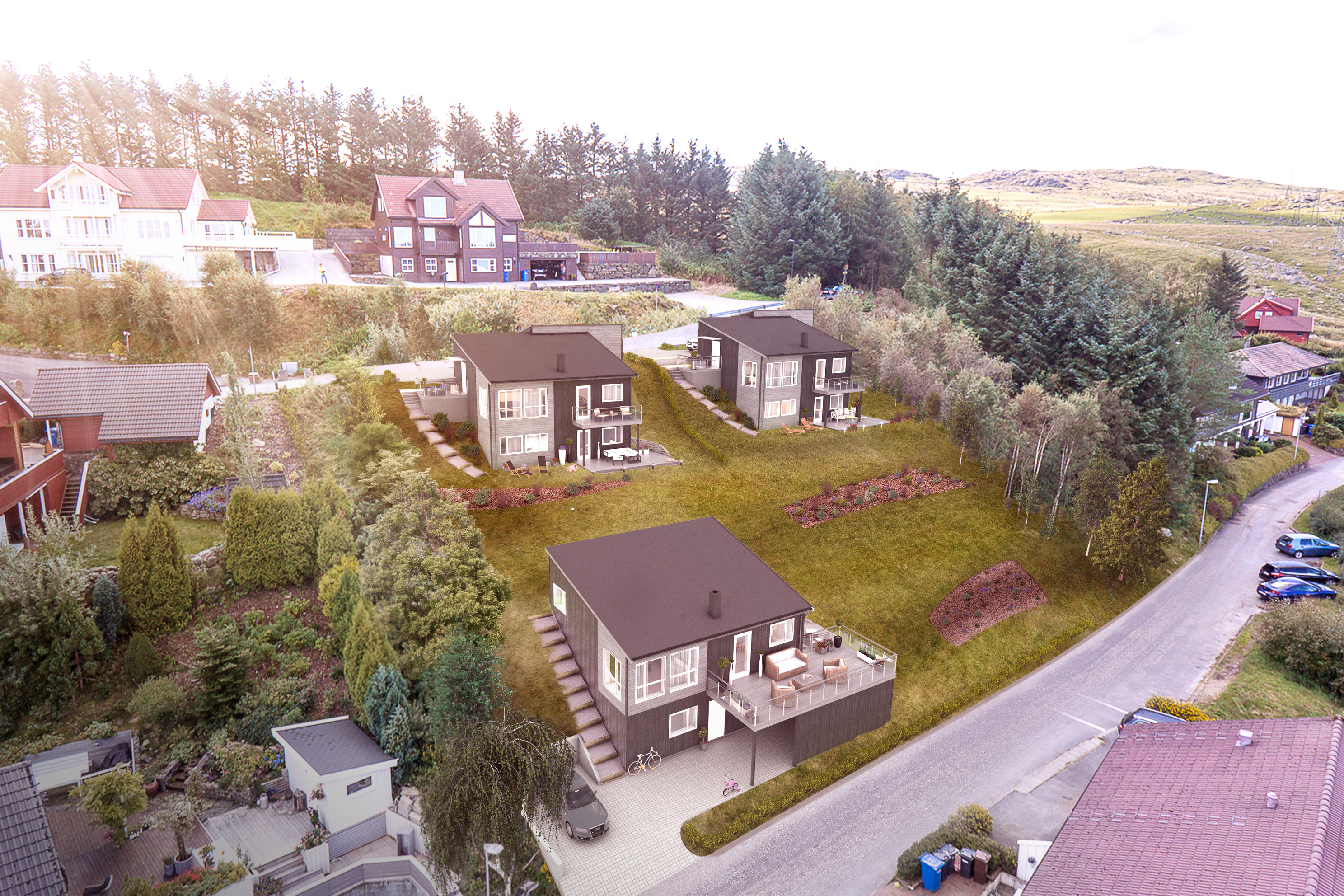 Visualisering for salg av boliger på en åsside.