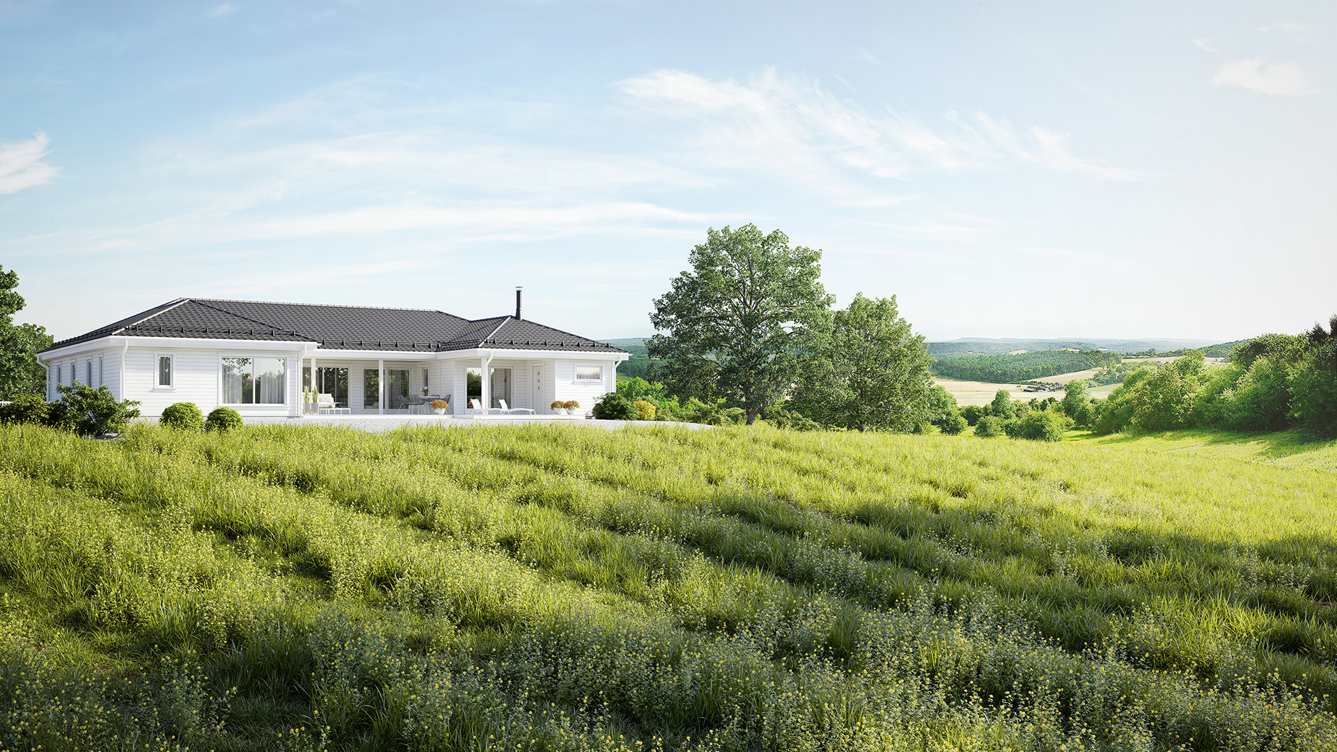 Et 3D-bilde av et hvitt hus omgitt av et grønt felt med priser.