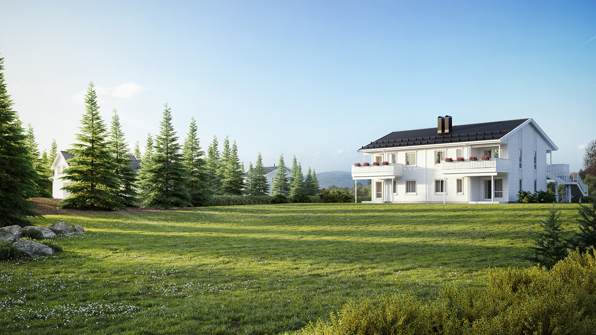 Et 3D-bilde av et hvitt hus midt i et grønt felt.