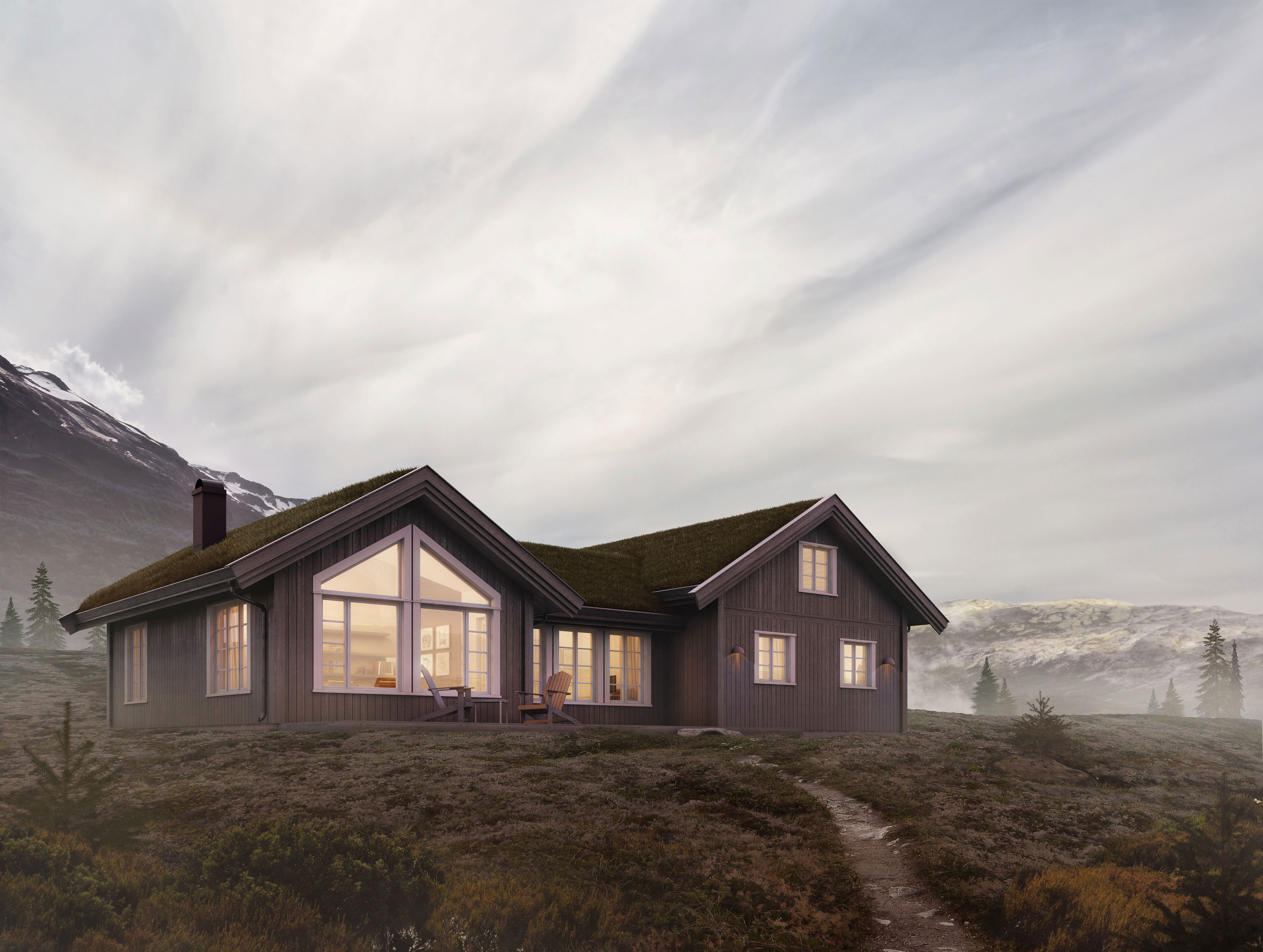 Et hus med fjell i bakgrunnen, visualisert for salg av FH Gruppen i 2017.