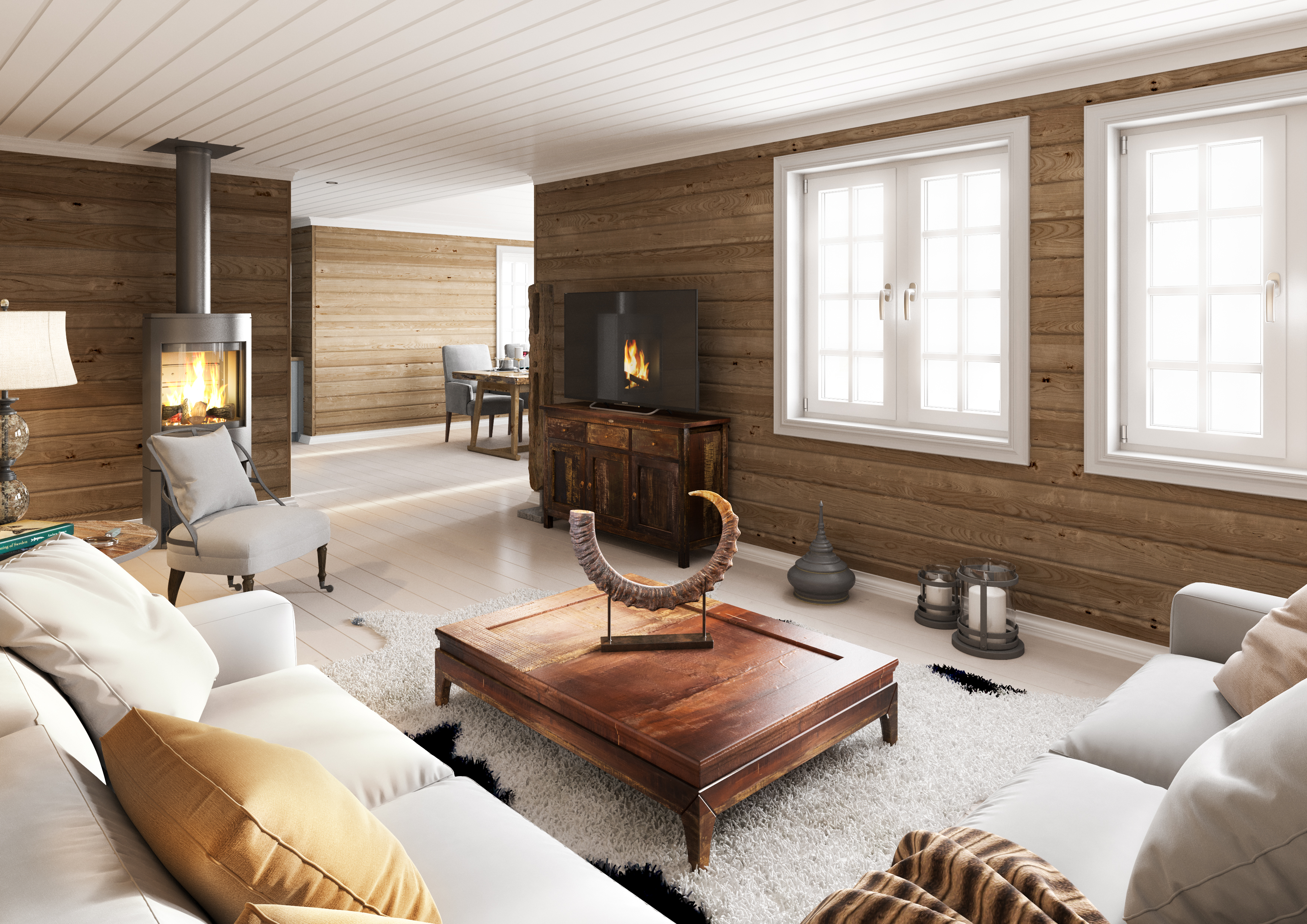 Visualisering for salgsformål av en hvit sofa i en stue.
