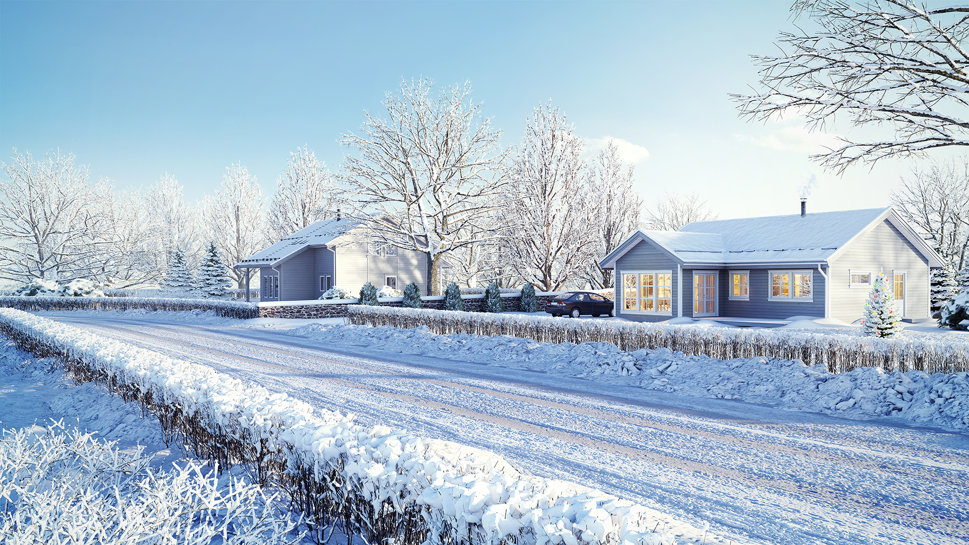 En 3D-vinterscene med et blått hus og en snødekt vei med rimelige priser.