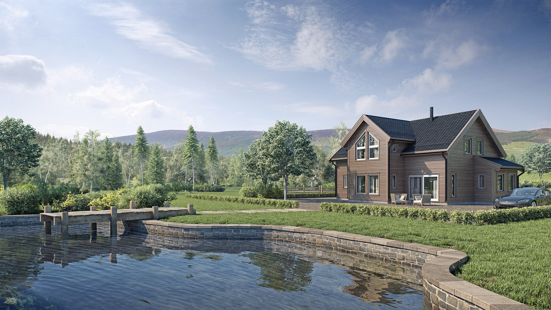 Et hus ved innsjøen med en brygge, med 3D-bilder og prisinformasjon.