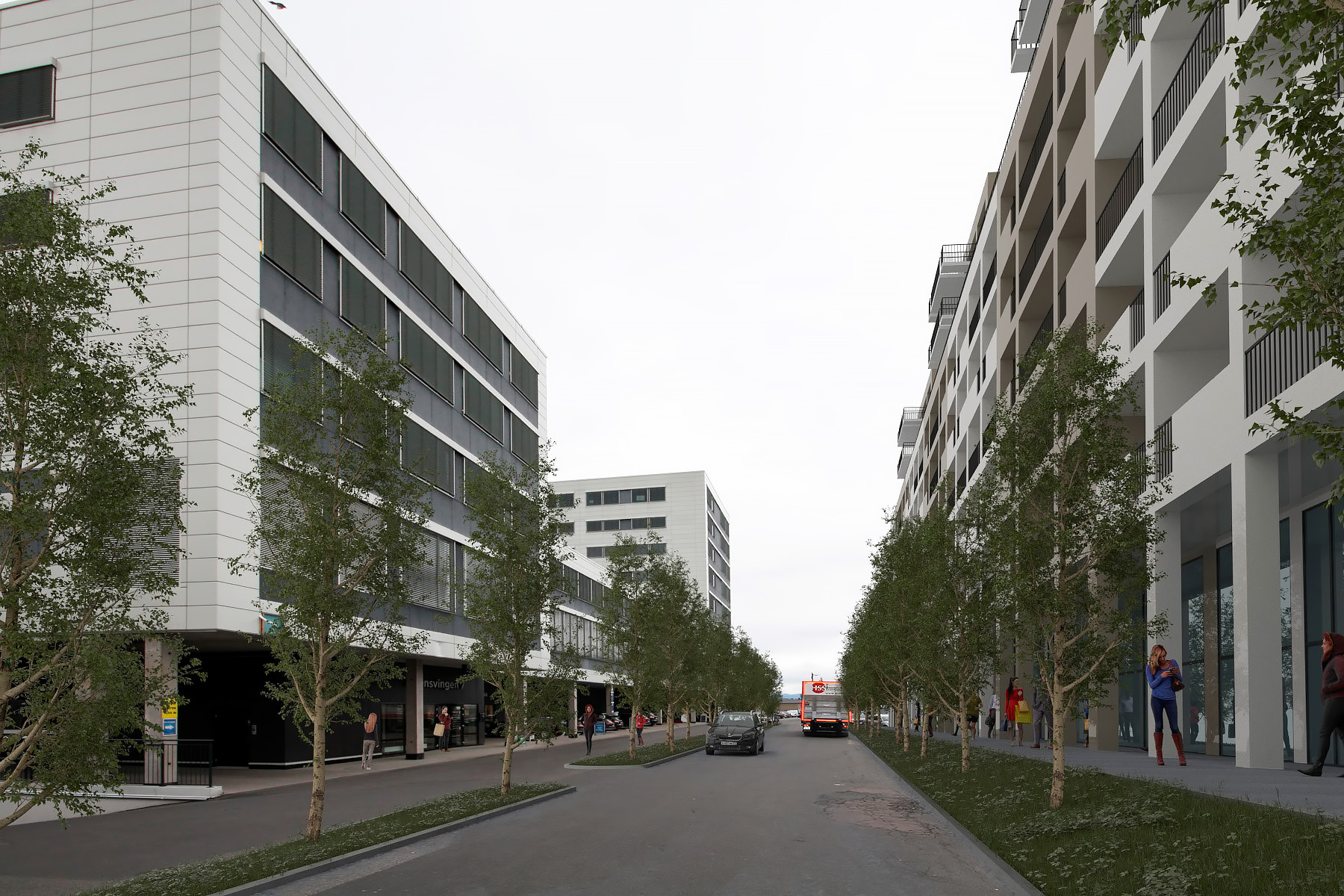 et hvitt bygg fra 2017 tegnet av Bugge Ravn Arkitekter på siden av gaten.
