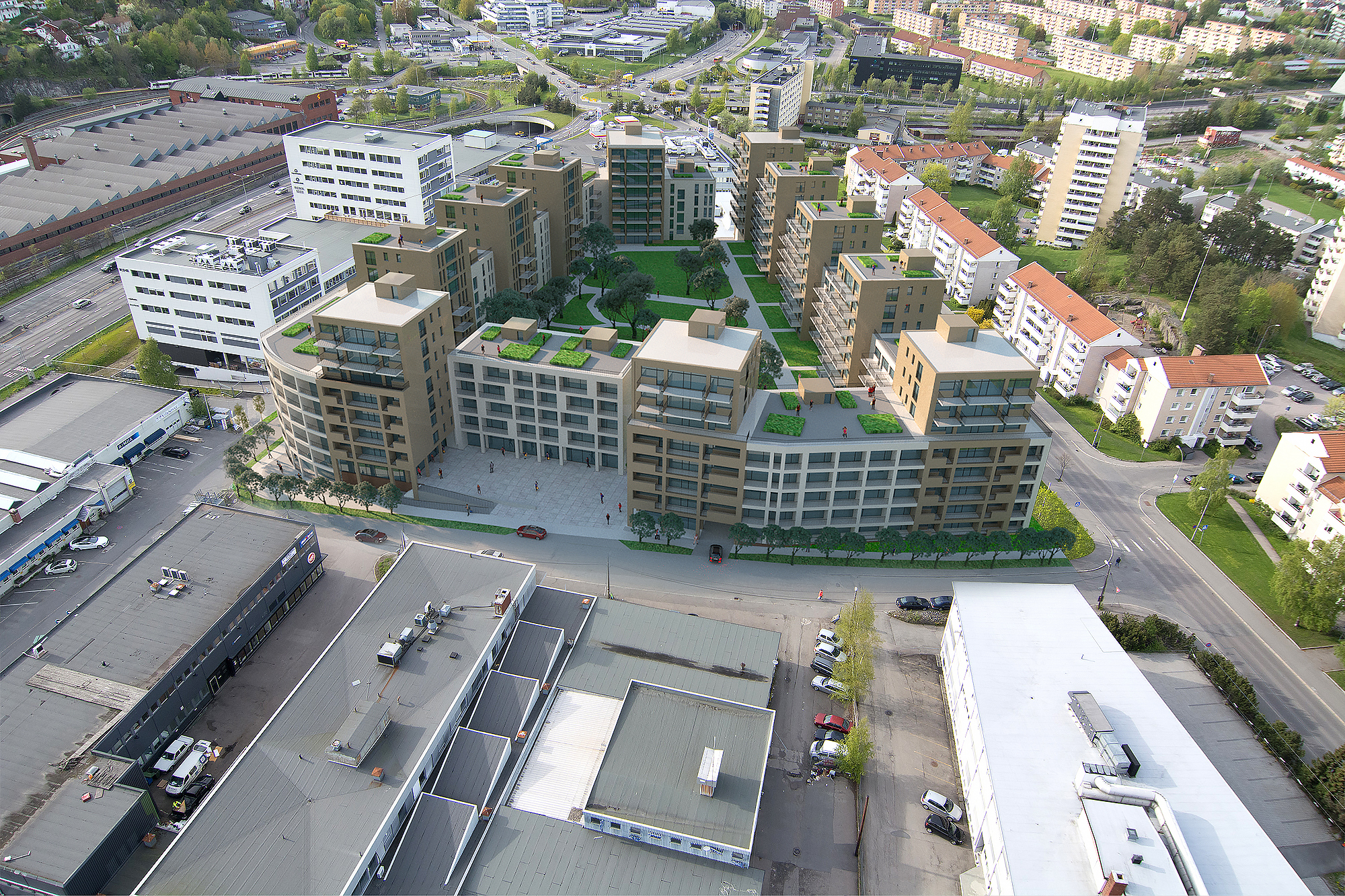 Et arkitektonisk design fra 2017 av Bugge Ravn Arkitekter med luftfoto av en stor bygård.