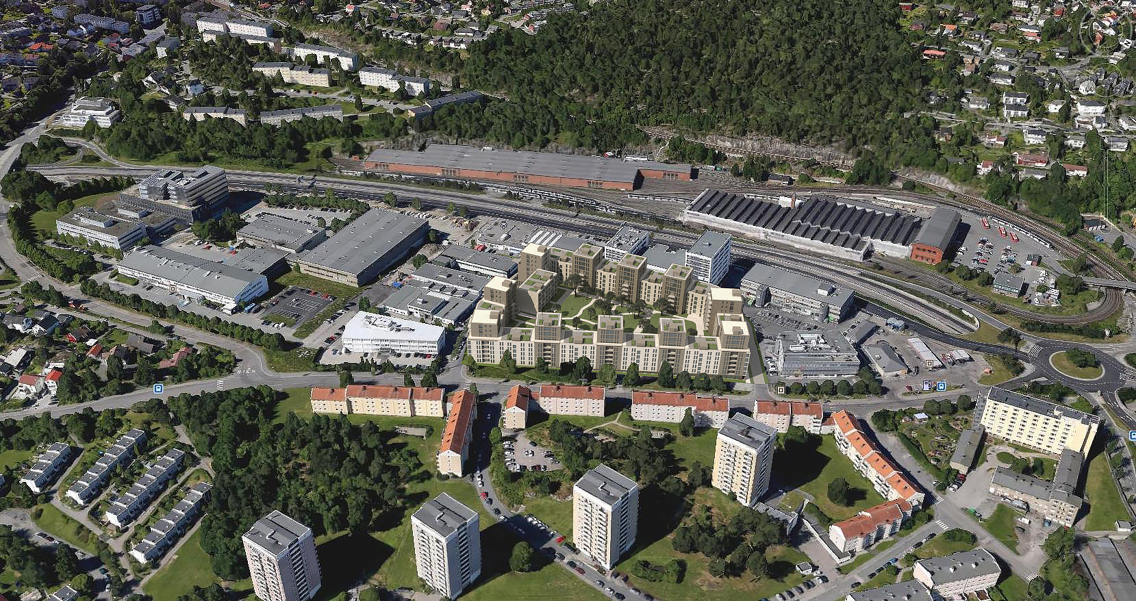 et luftfoto av en ny byutvikling i Sverige av Bugge Ravn Arkitekter, designet i 2017.