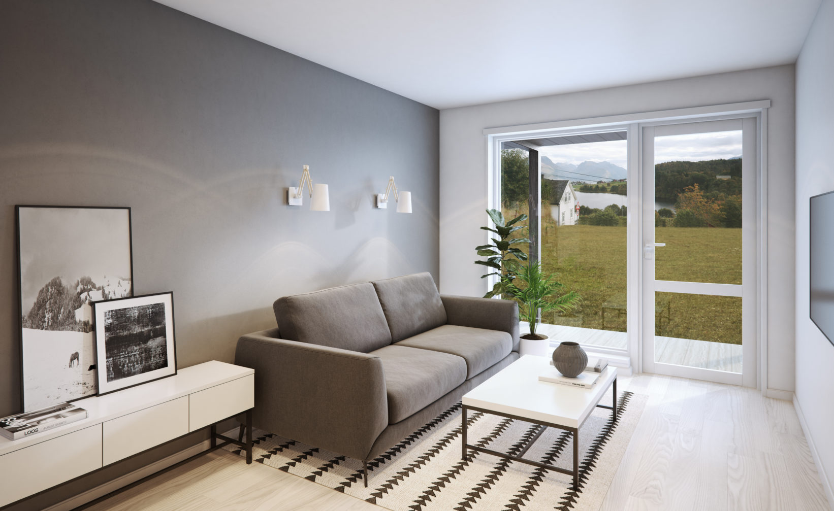 3D-visualisering av en stue med sofa og TV for salgsformål i 2017.