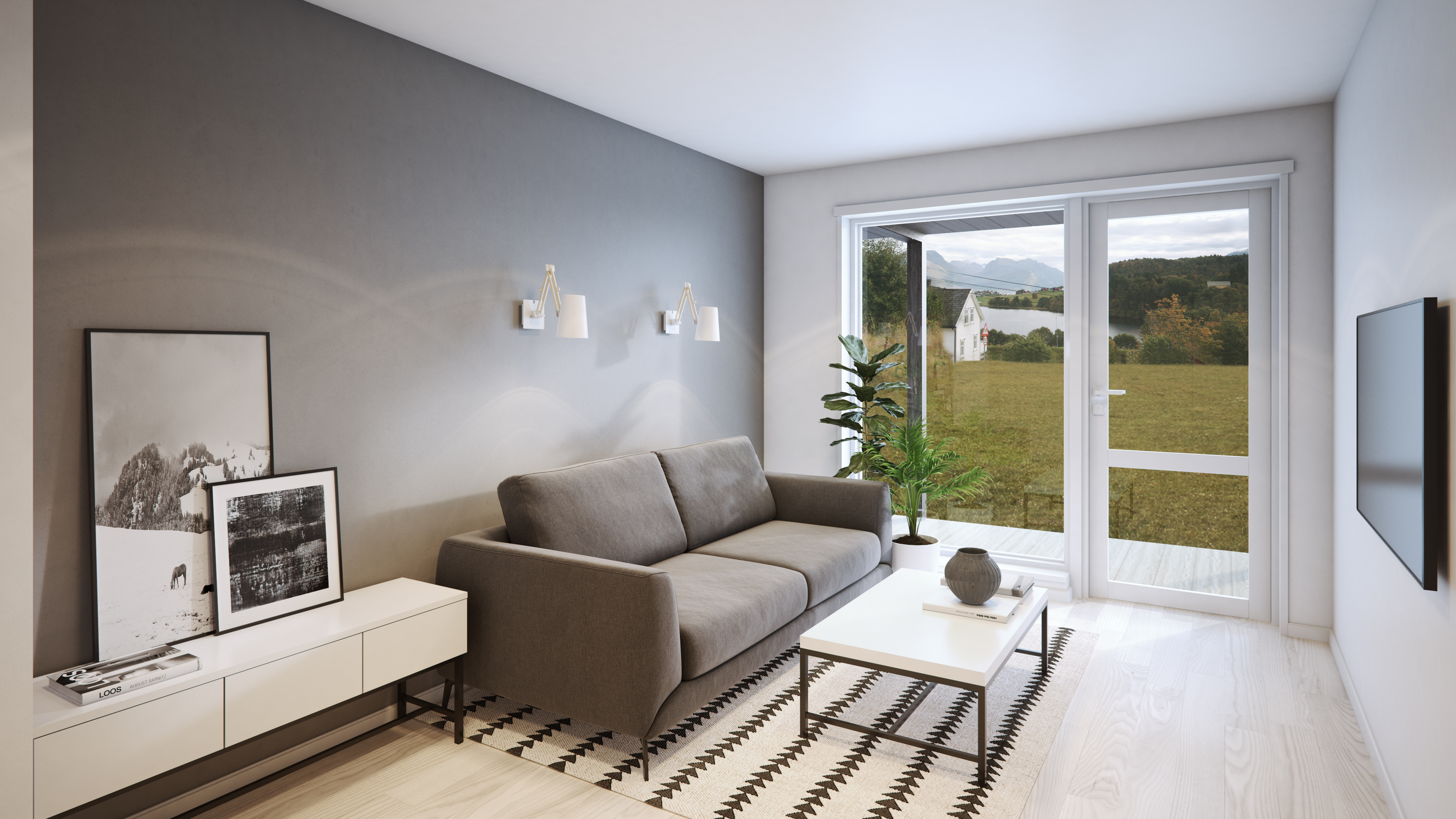 3D-visualisering av en stue med sofa og TV for salgsformål i 2017.