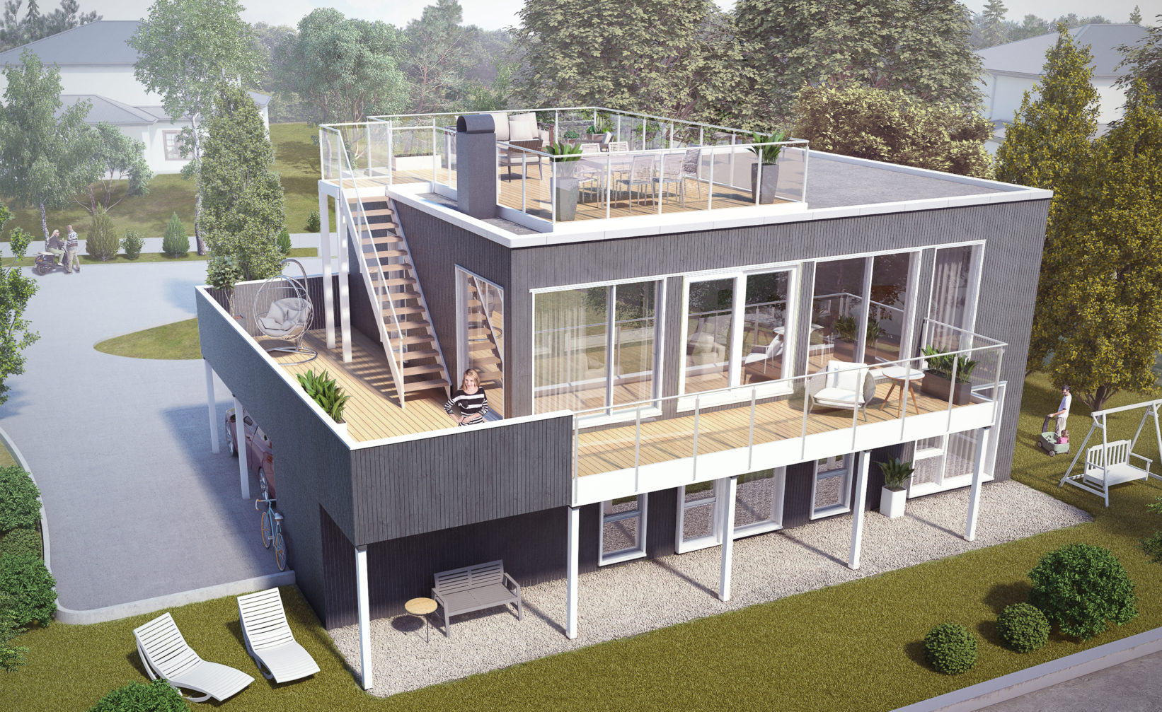 En 3D-gjengivelse av et moderne hus laget med det formål å visualisere for salg.