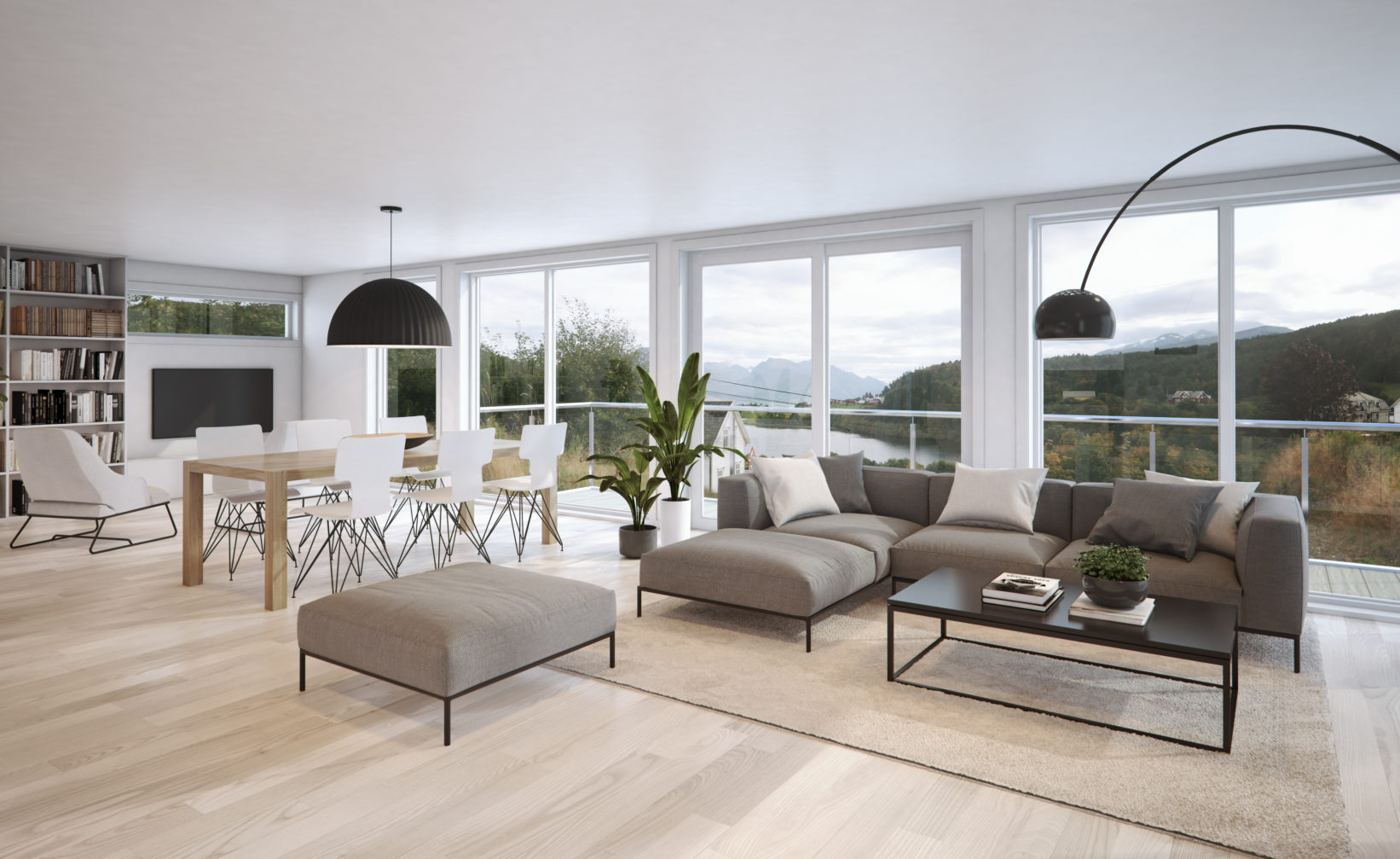 3D visualisering av stue med store vinduer til salgs i 2017.