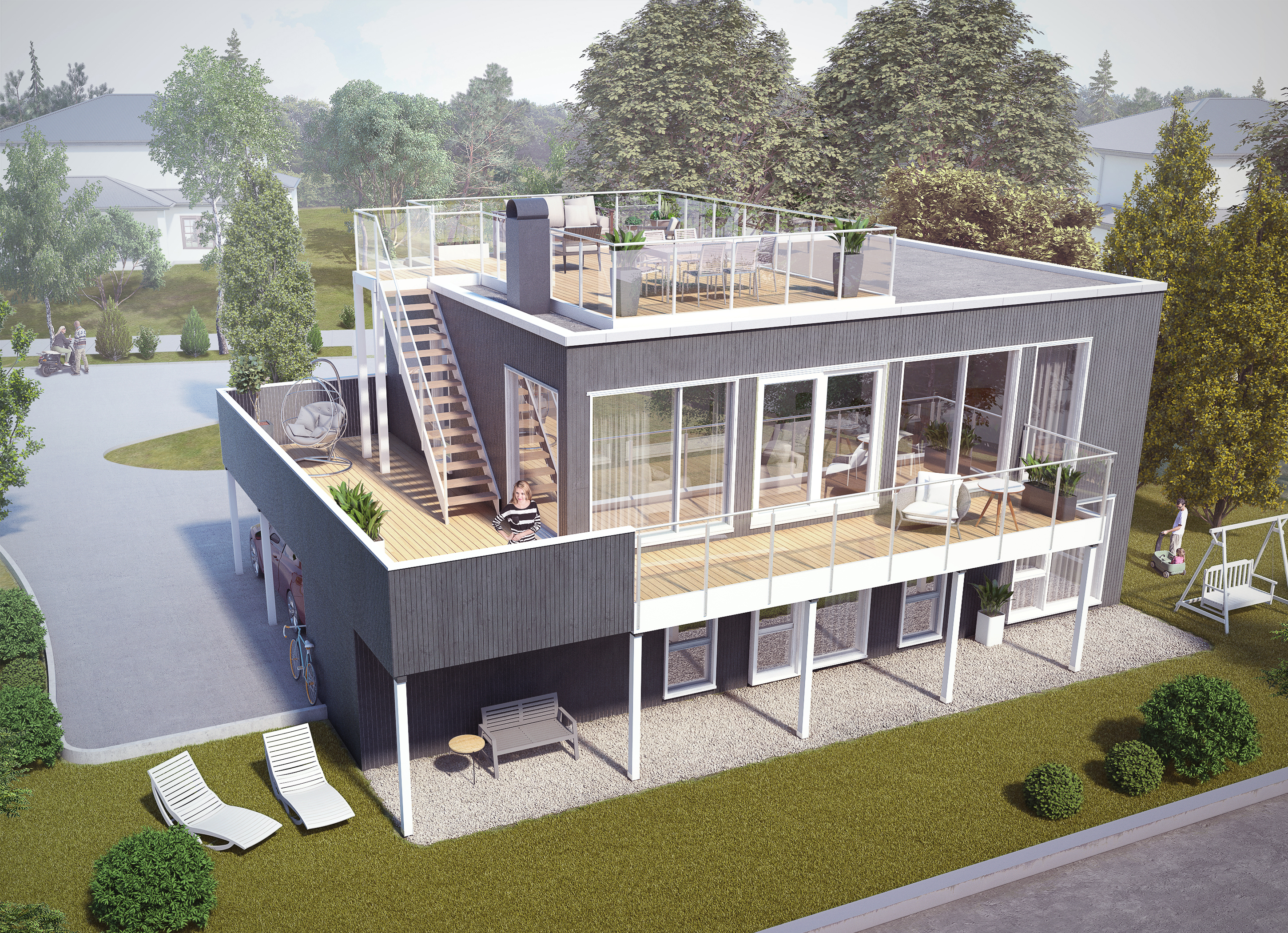 En 3D-gjengivelse av et moderne hus laget med det formål å visualisere for salg.