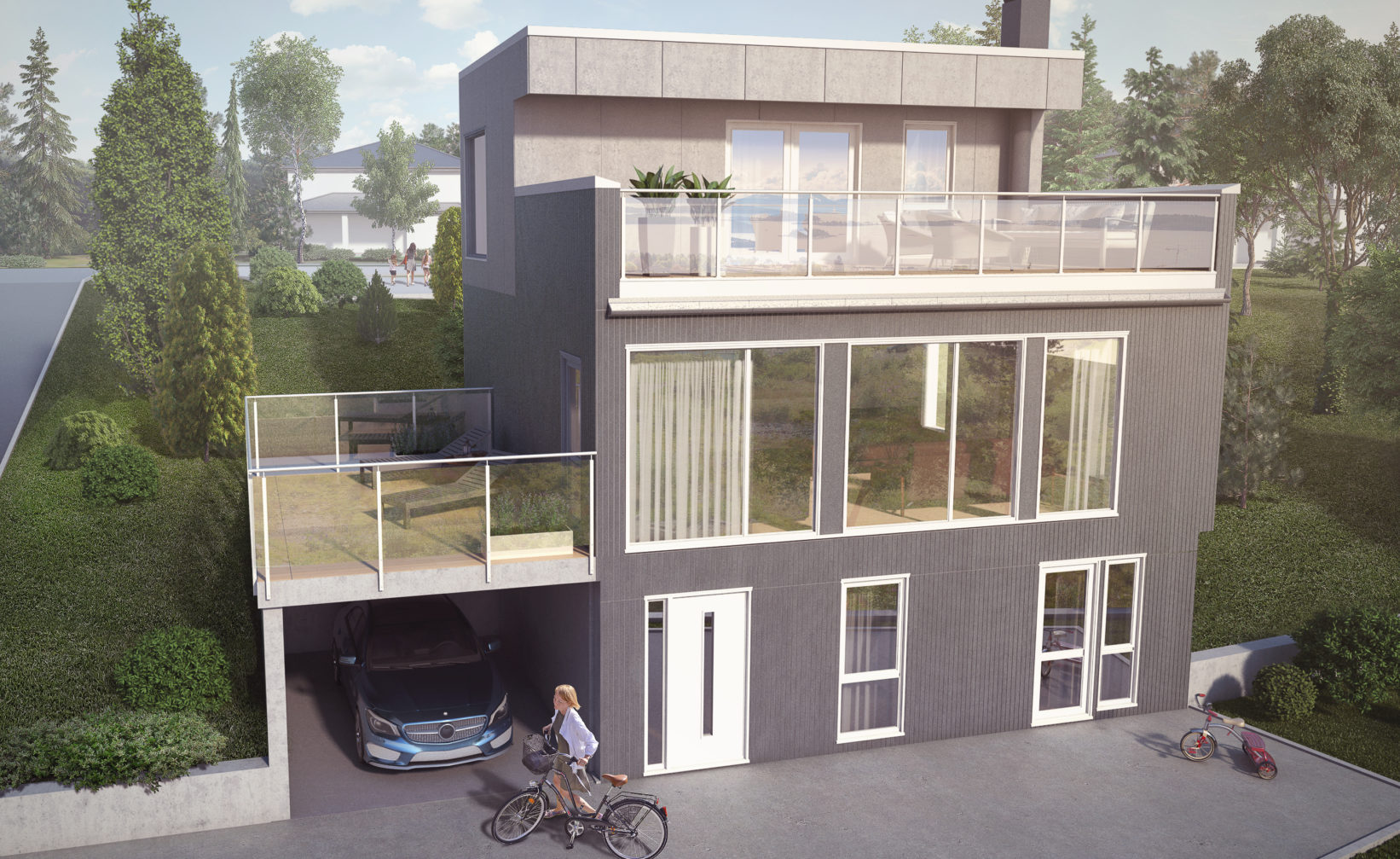 En visuell gjengivelse av et moderne hus med en person på en sykkel for salg i 2017.