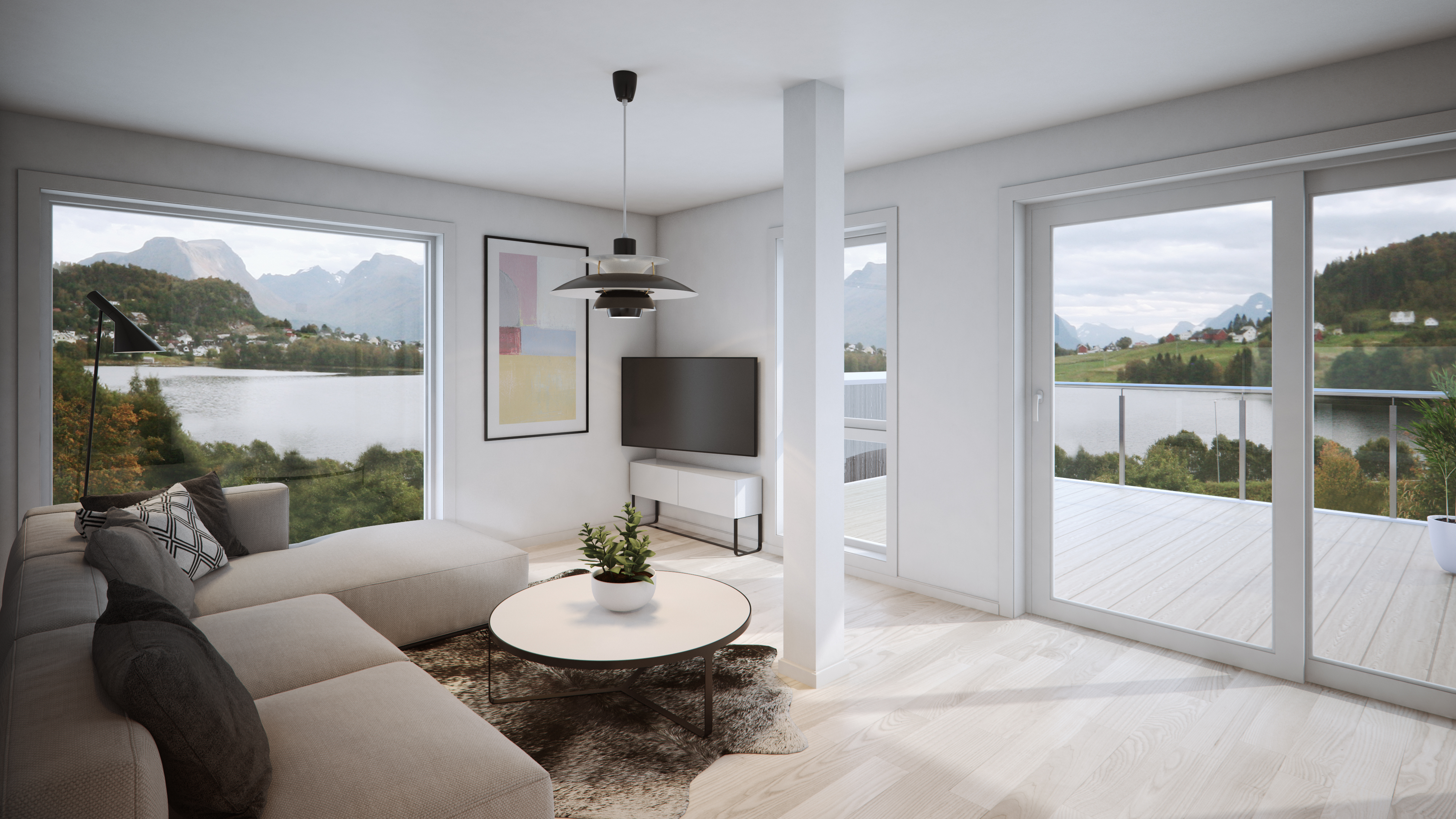 Visualisering for salg av stue med store vinduer med utsikt over innsjø for Klient: InnoHus.
